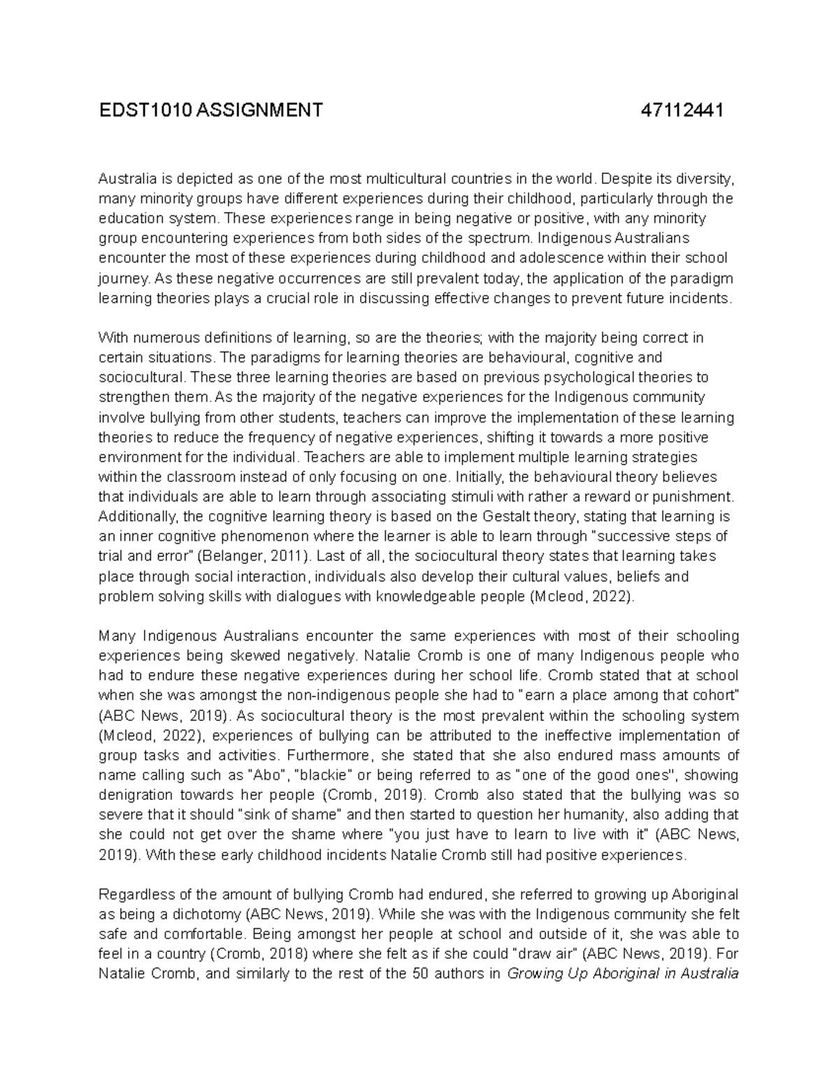EDST1010 Assignment - 28/40 - EDST1010 ASSIGNMENT 47112441 Australia is ...