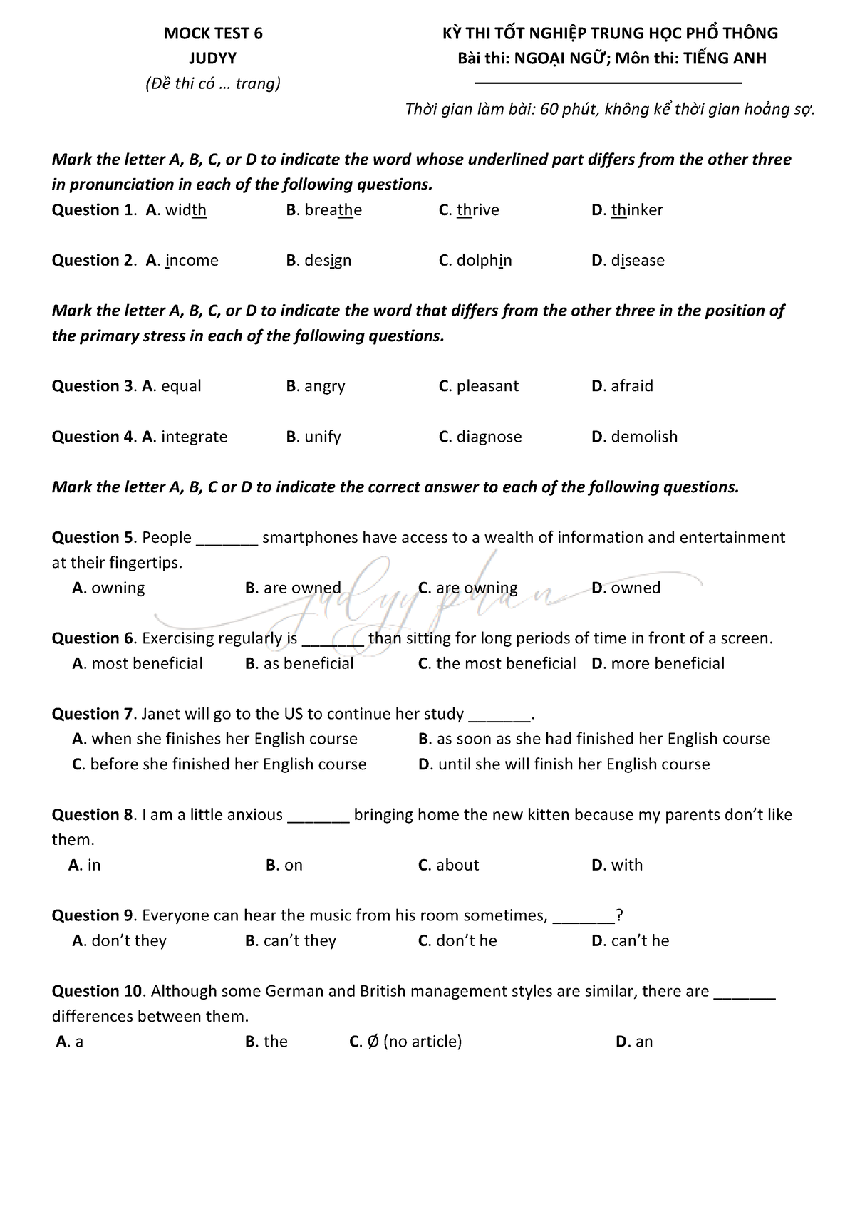 Mock Test 6 - Jdp - Mark The Letter A, B, C, Or D To Indicate The Word ...