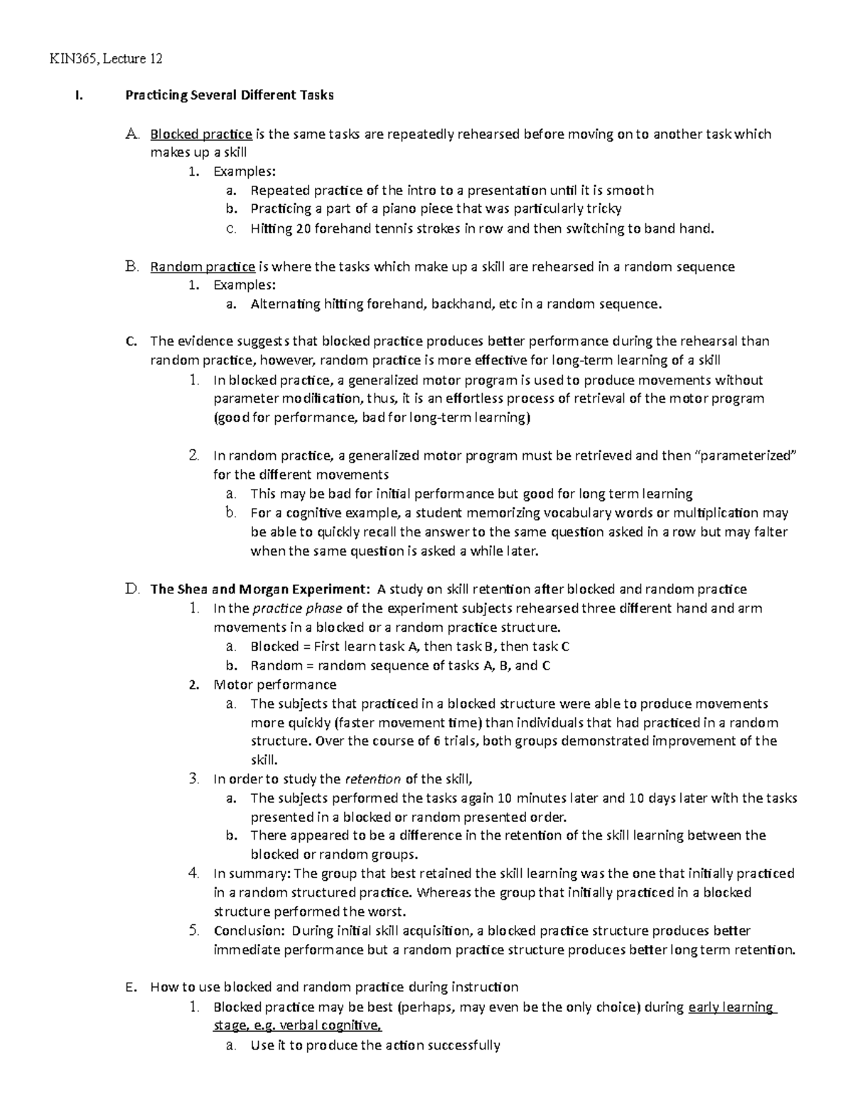 Outline 10 - Structuring Learning - I. Practicing Several Different ...