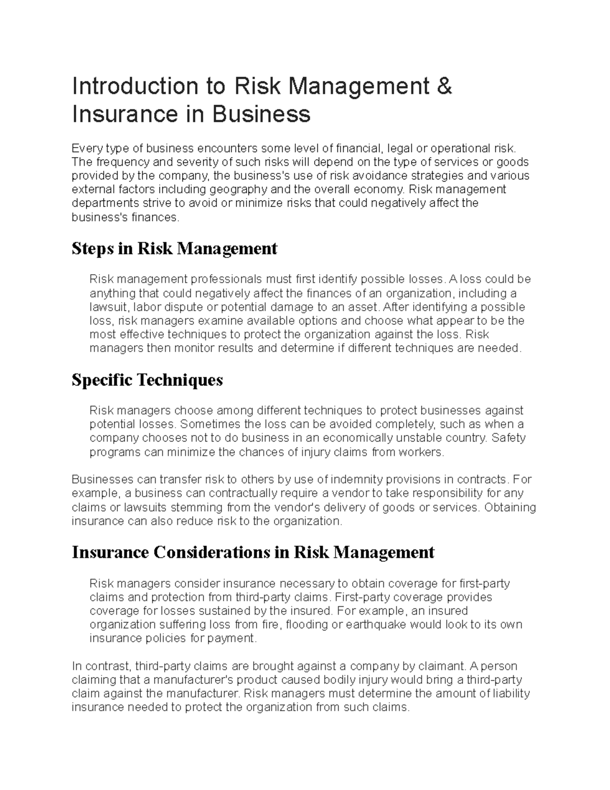 Introduction To Risk Management And Insurance In Business ...