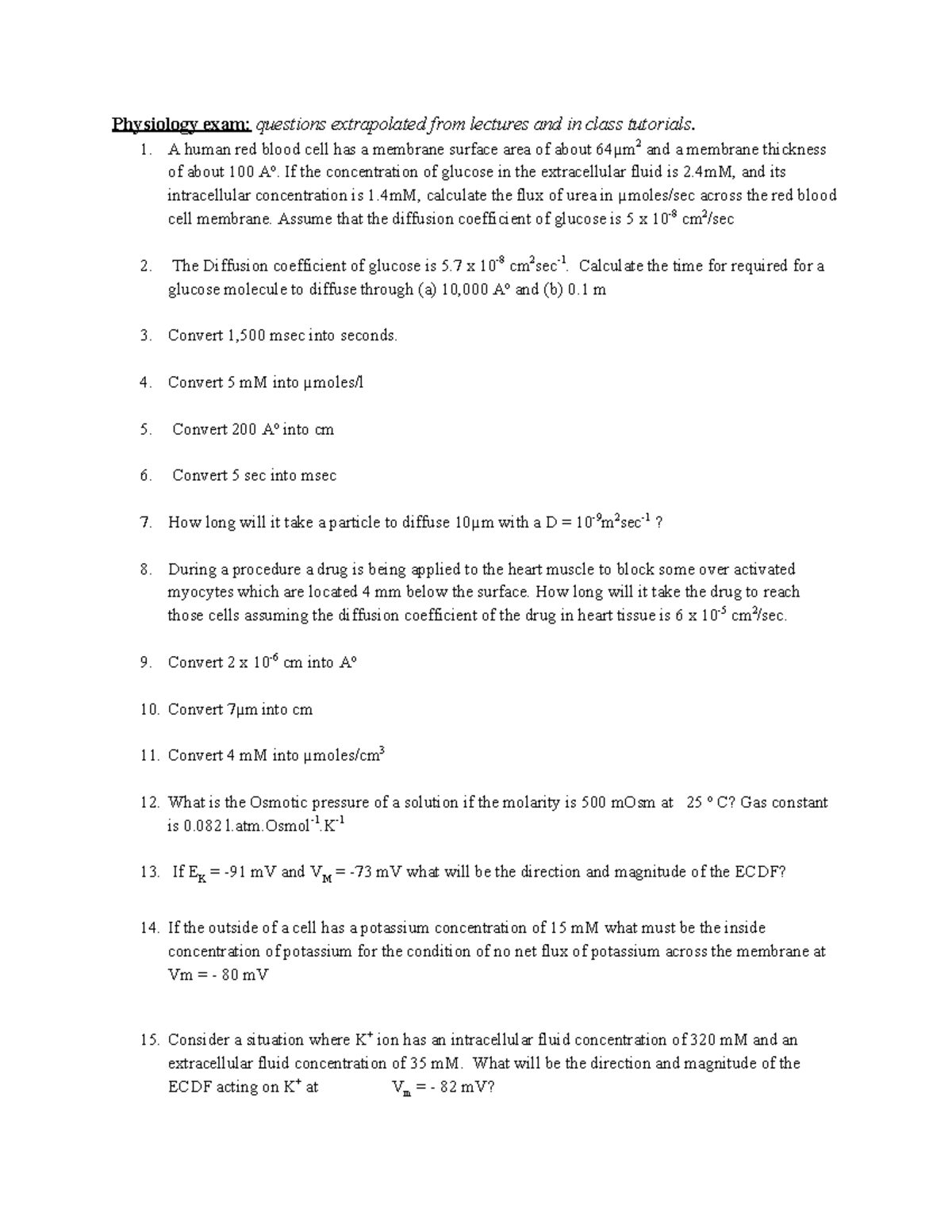 Physiology exam - Questions made up - Physiology exam: questions ...