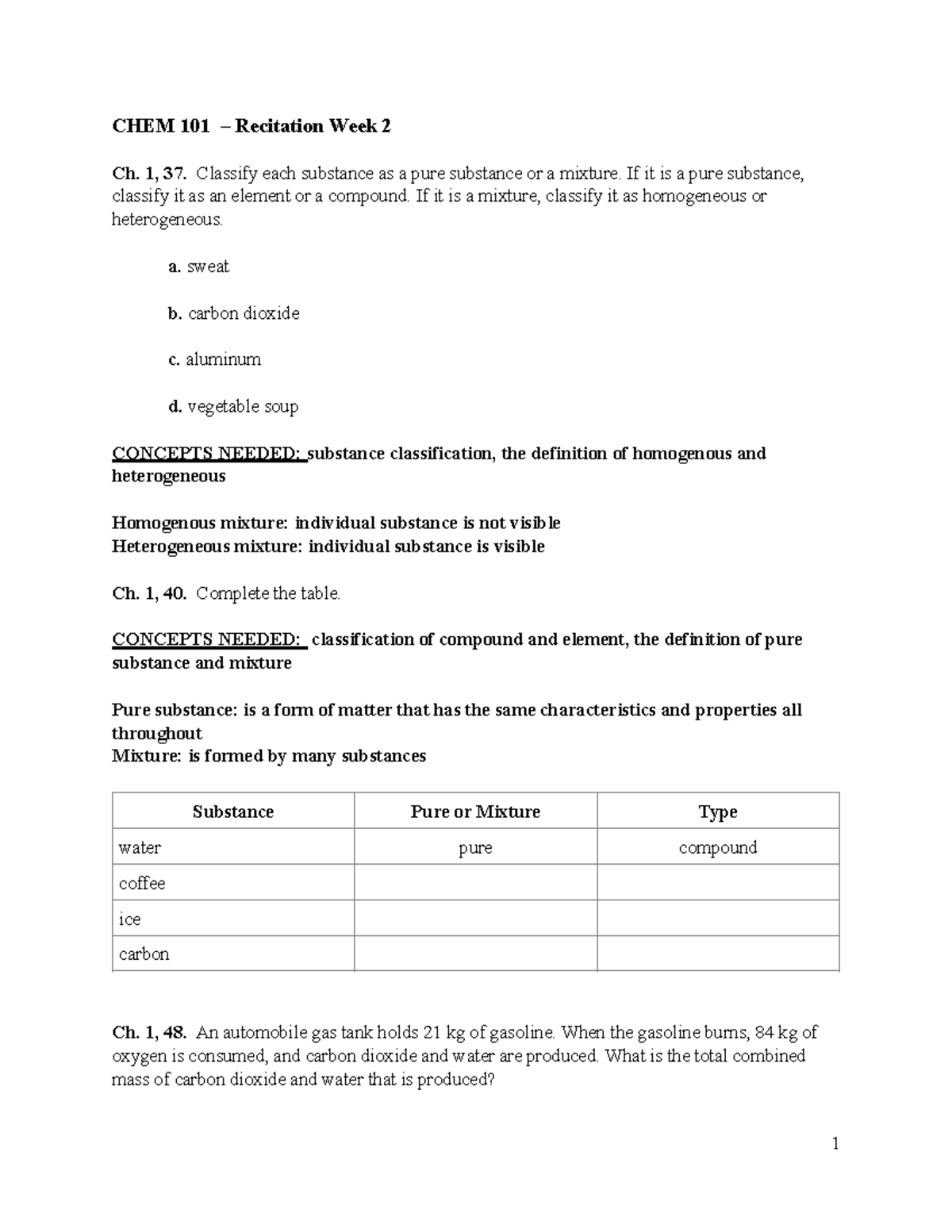 CHEM 101 Recitation Week 2 - CHEM 101 – Recitation Week 2 Ch. 1, 37 ...