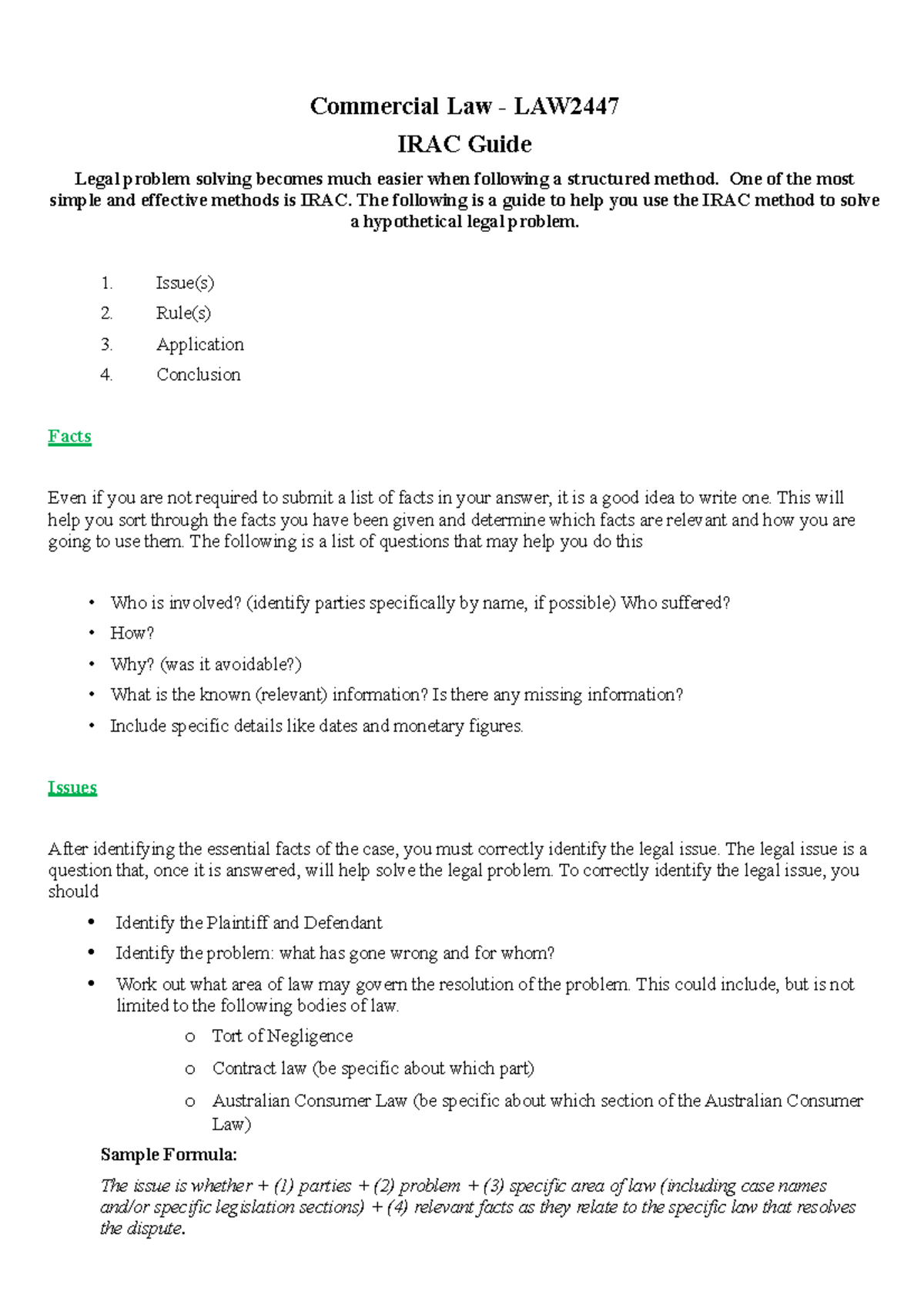 IRAC Writing Guide Commercial Law LAW2447 IRAC Guide Legal Problem 