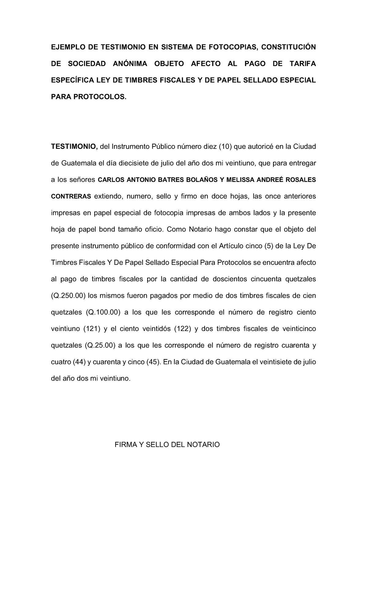 Ejemplos Testimonios Afectos A IVA Y Timbres - EJEMPLO DE TESTIMONIO EN ...