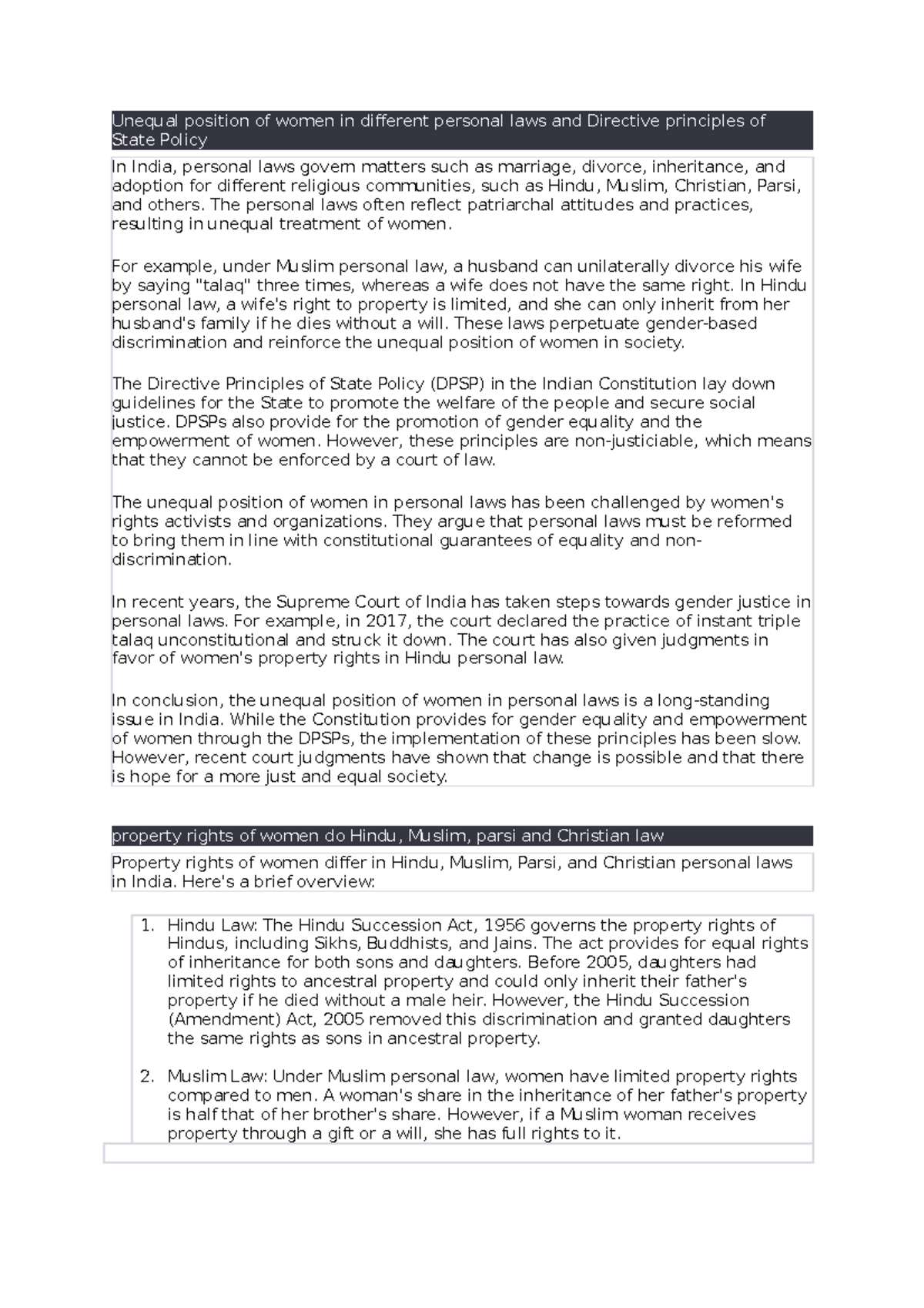 Unequal position of women in different personal laws and Directive