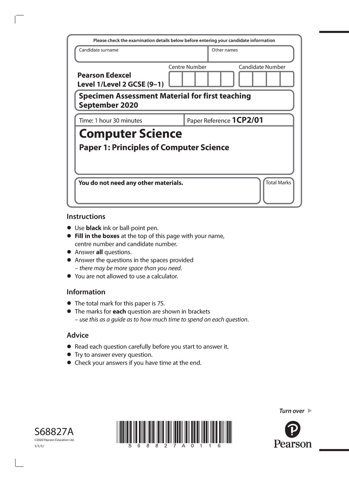 GCSE Computer Science Specimen 2 Paper 01 - S68827A0116 Turn over ...