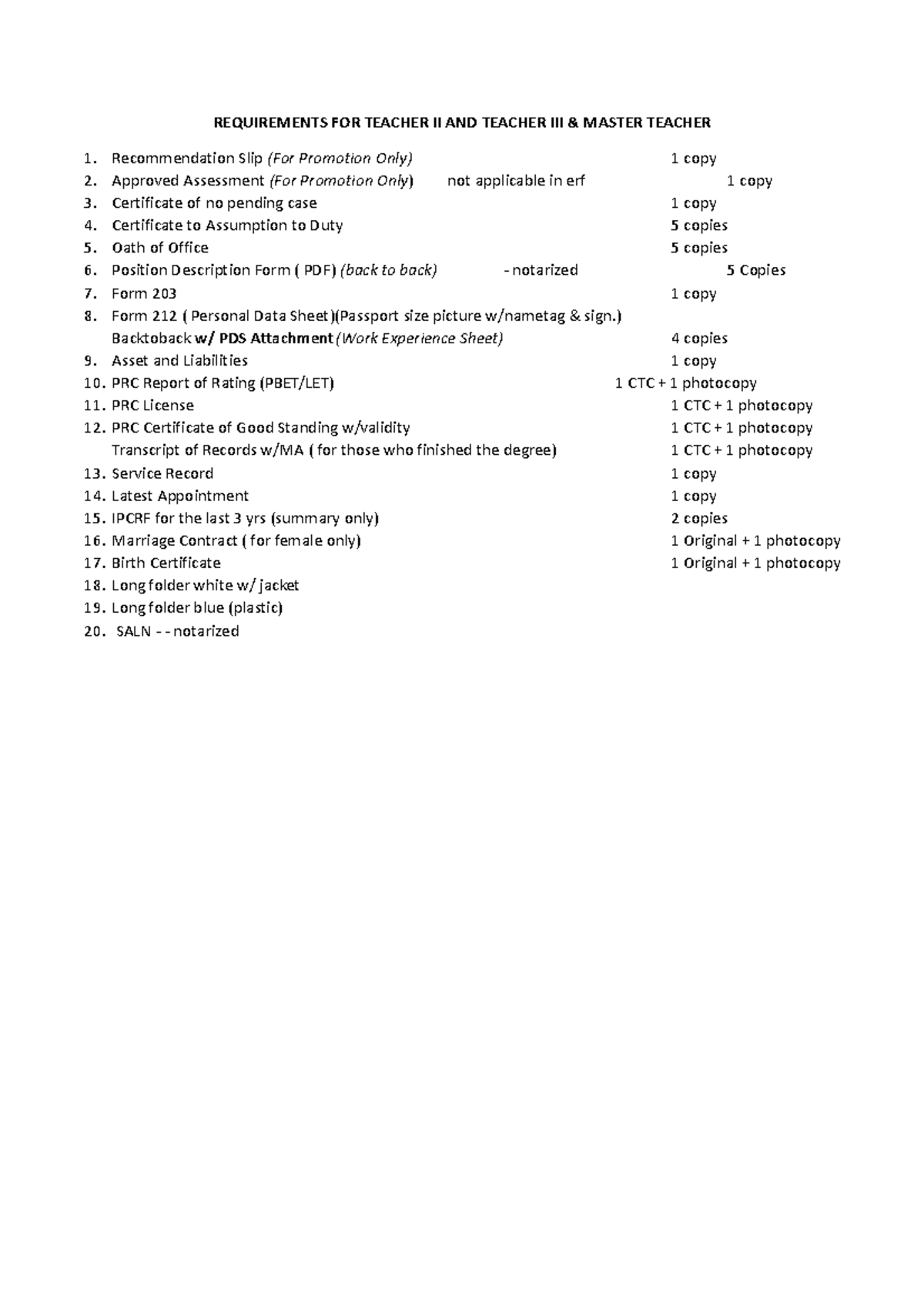 Requirements T2 T3 MT NOTES REQUIREMENTS FOR TEACHER II AND TEACHER