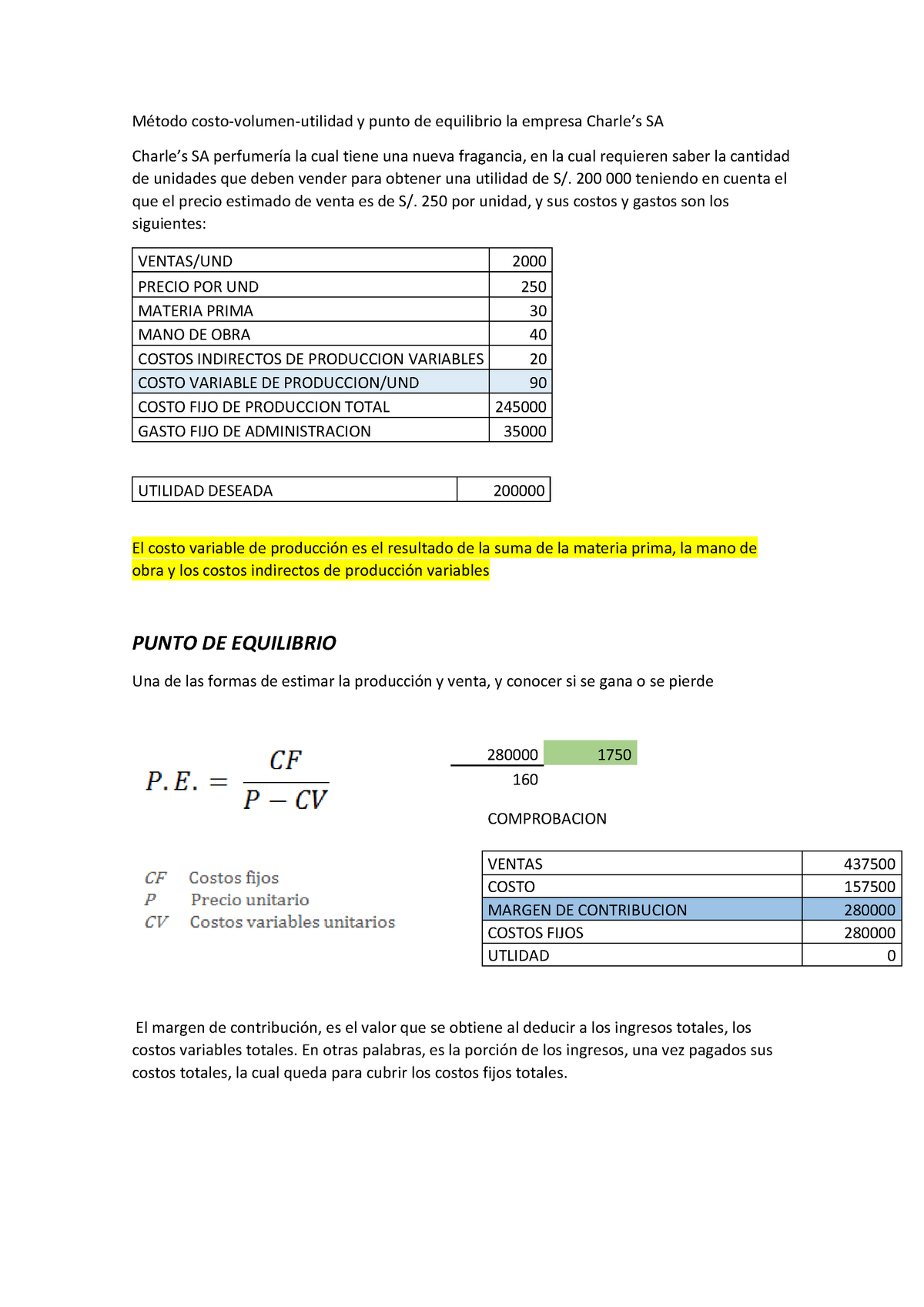 Caso Practico Modelo Costo Volumen Utilidad Método Costo Volumen Utilidad Y Punto De 6401