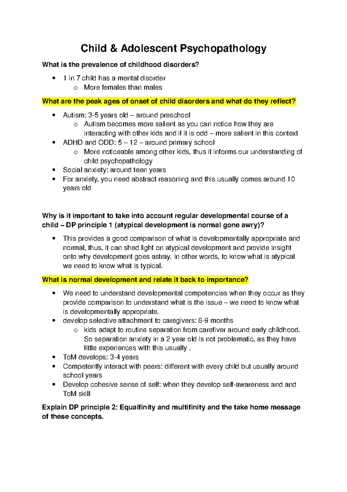 PSYC3025 Final Exam questions/notes - Child & Adolescent ...