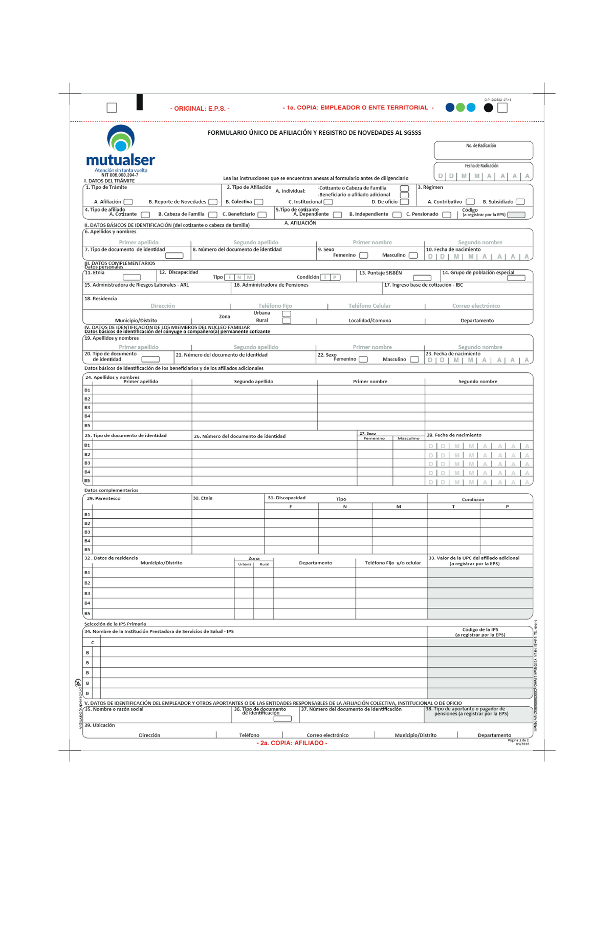 Formato Afiliacion Mutualser EPS - Seguridad Industrial - Studocu