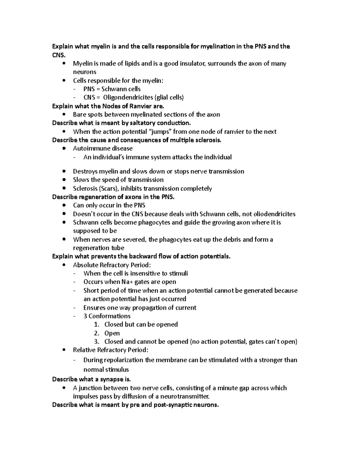 Phys study guide exam 3 - Explain what myelin is and the cells ...