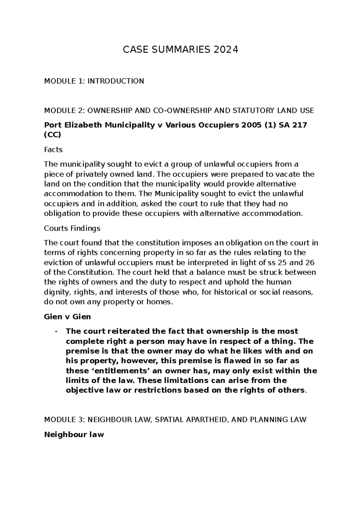 Property Law Case Summaries CASE SUMMARIES 2024 MODULE 1