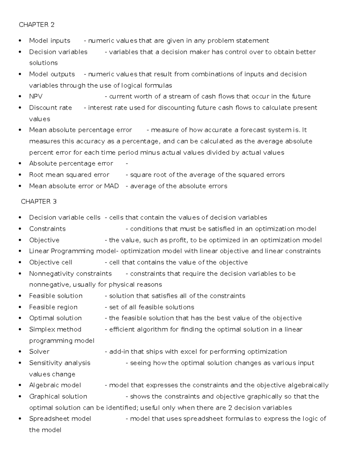Flashcards for management science chap 2, 3, 4 - CHAPTER 2 Model inputs ...