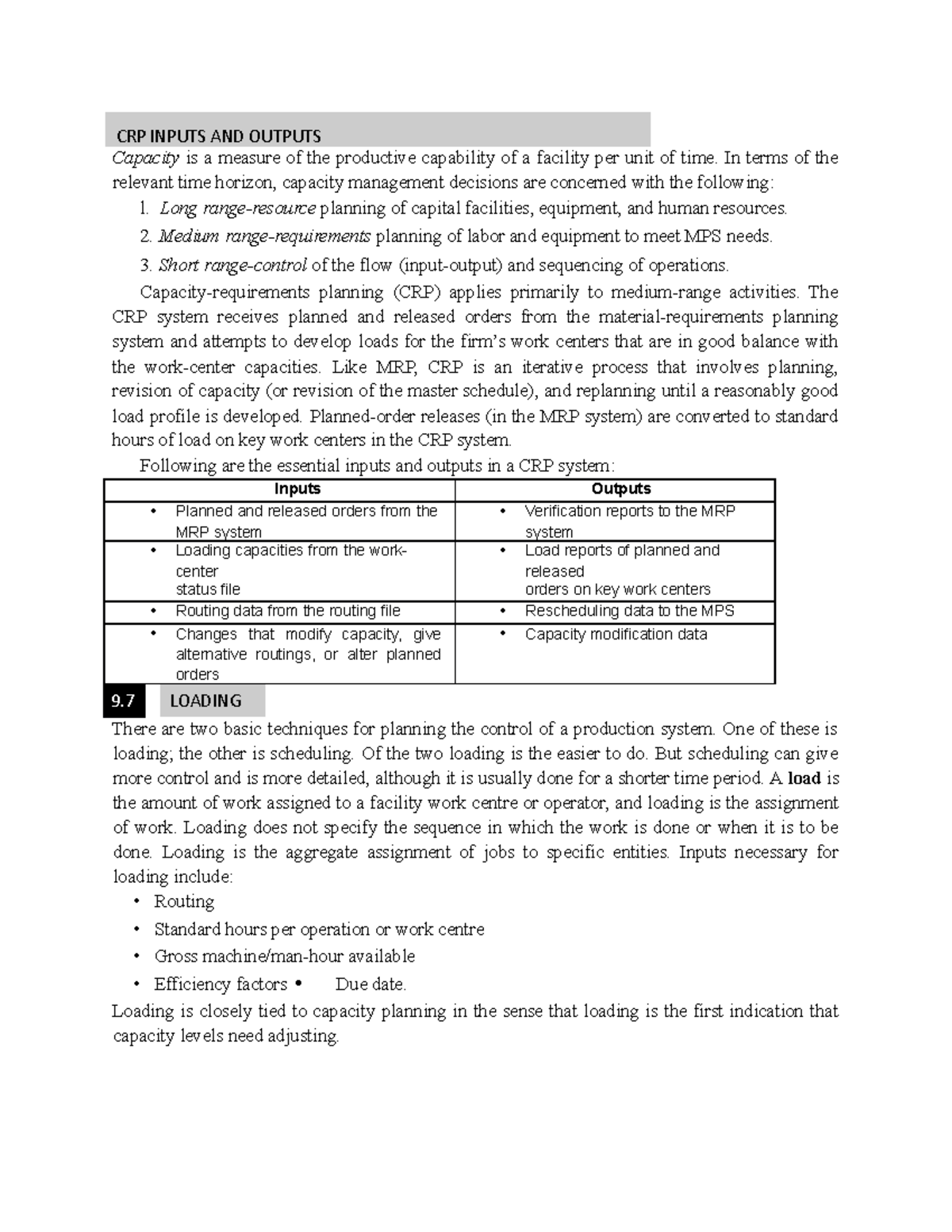 CRP Inputs AND Outputs - CRP INPUTS AND OUTPUTS Capacity is a measure ...