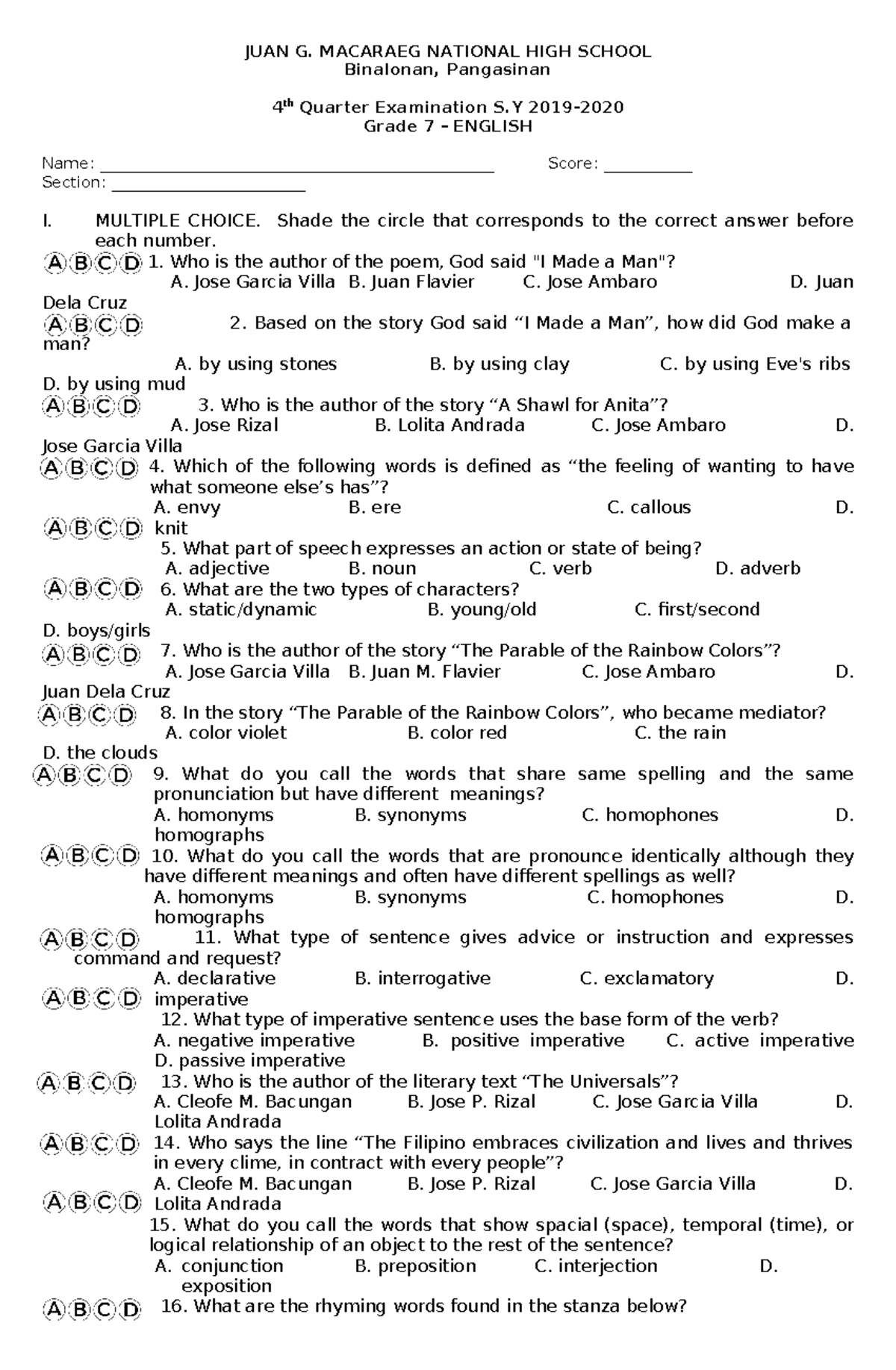 4th quarter Exam - sample exam - JUAN G. MACARAEG NATIONAL HIGH SCHOOL ...