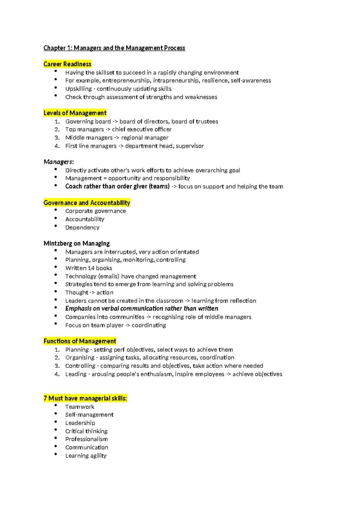 Week 1 P&O - Chapter 1: Managers and the Management Process Career ...