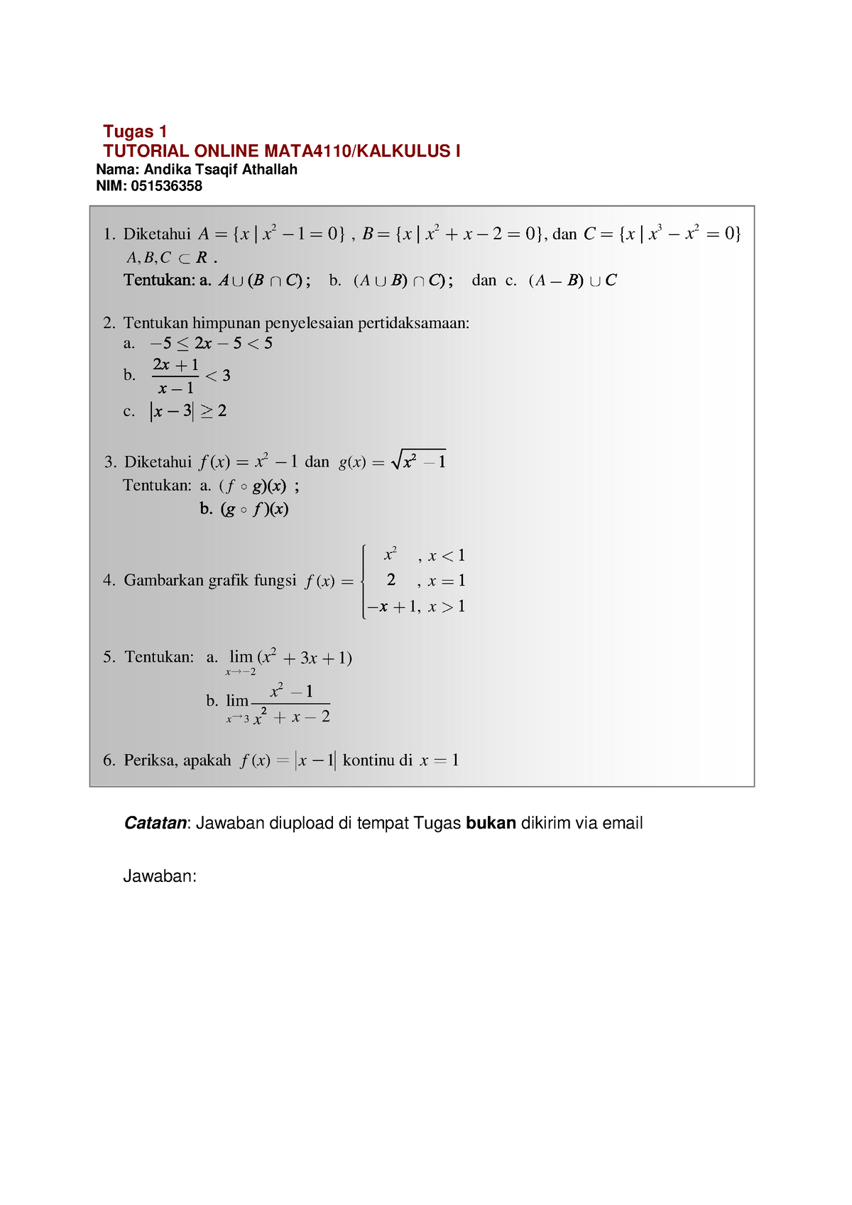 Tugas 1 Tutorial Online Kalkulus Andika Tsaqif Athallah 05136358 - 1 ...