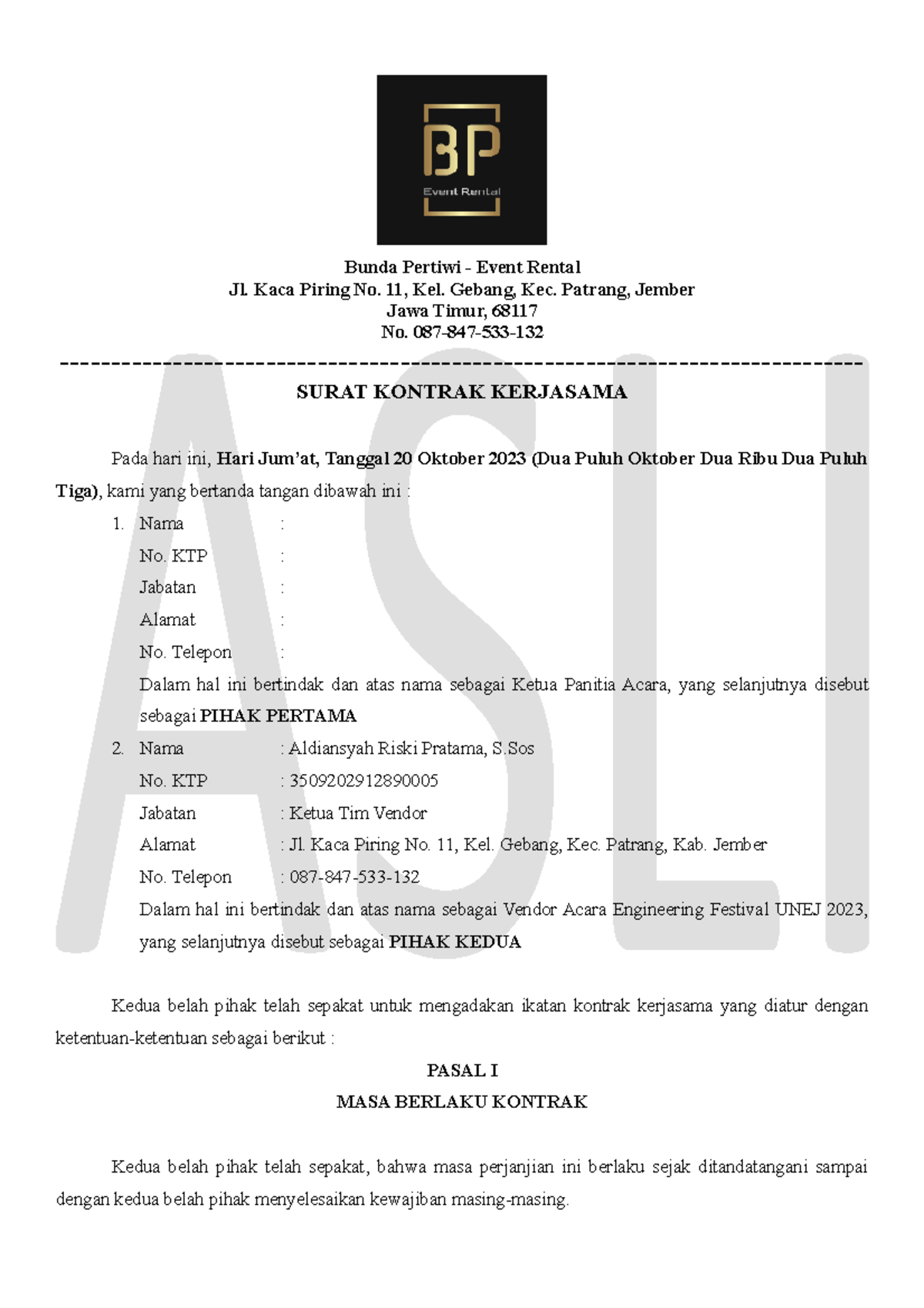 Kontrak EF 2023 Bunda Pertiwi Bunda Pertiwi Event Rental Jl. Kaca