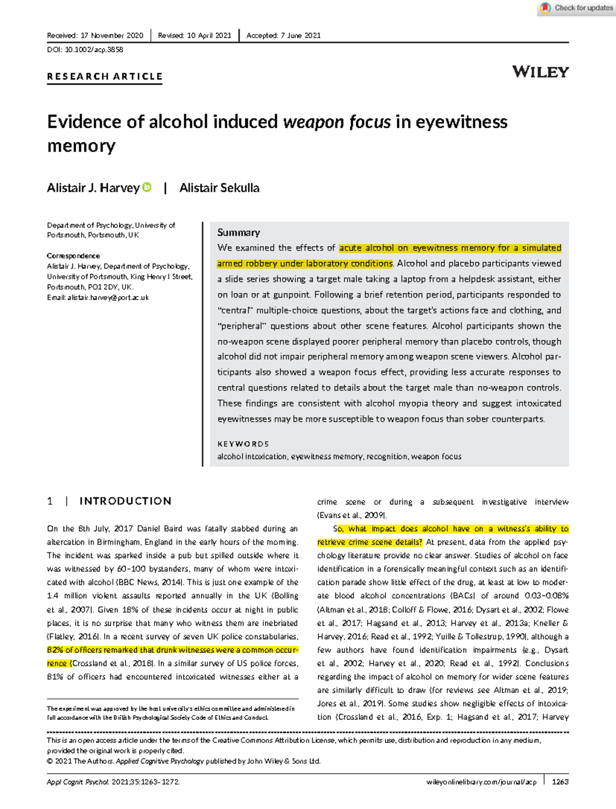 Applied Cognitive Psychology - 2021 - Harvey - Evidence of alcohol ...