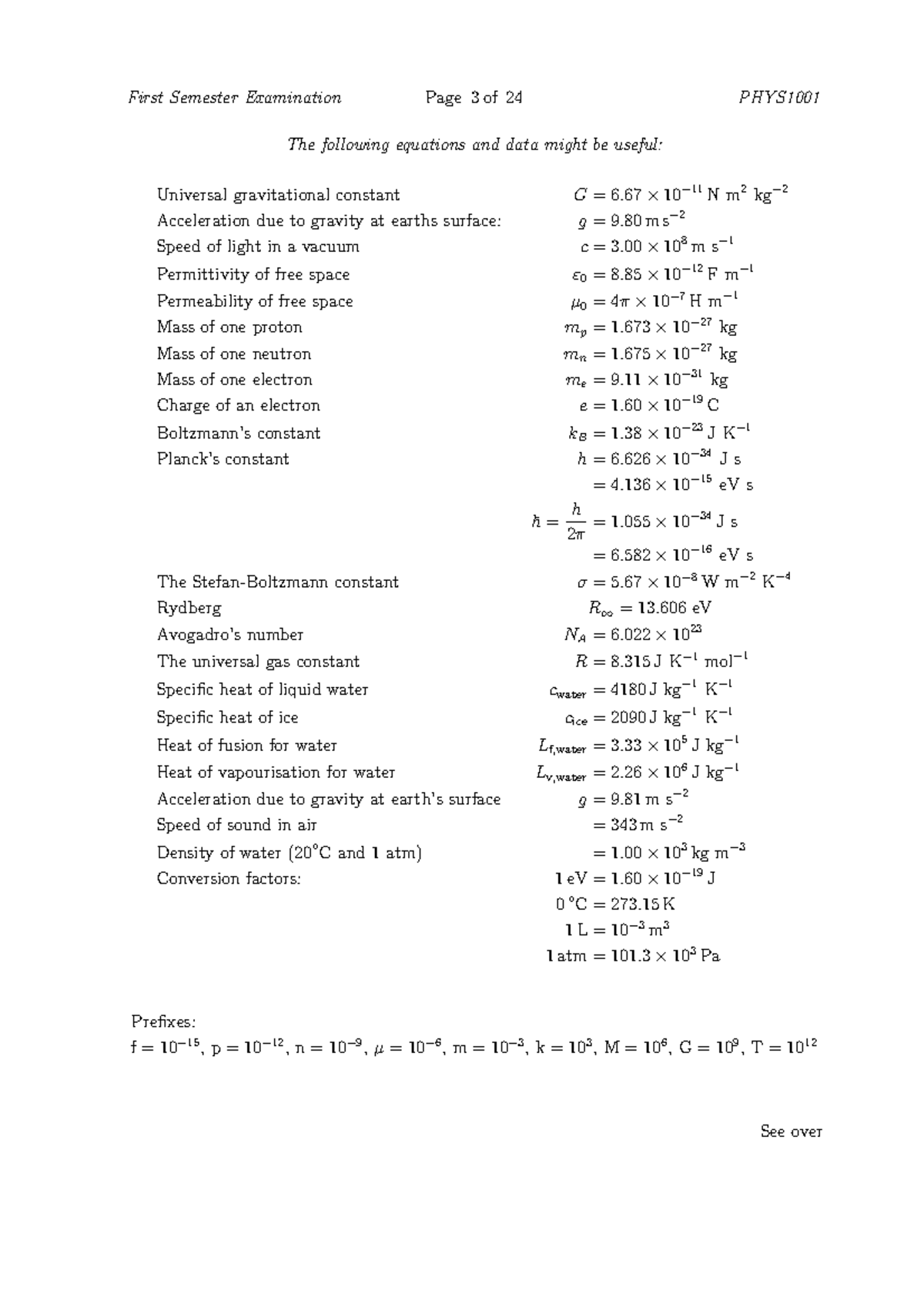 PHYS1001 equation sheet - First Semester Examination Page 3 of 24 PHYS ...