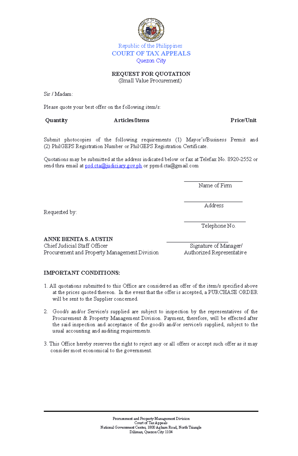 RFQ form - none - Republic of the Philippines COURT OF TAX APPEALS ...