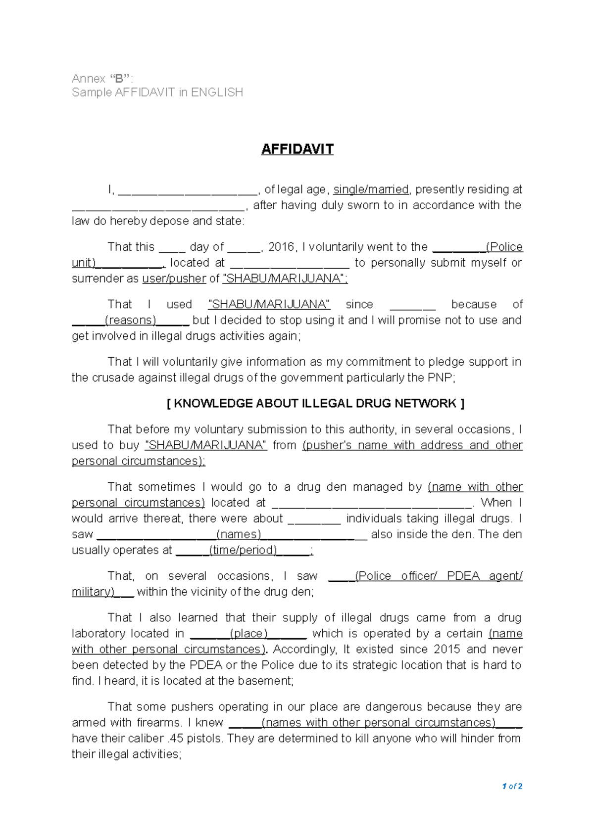 Sample Format Of Affidavit (English) - Annex “B” : Sample AFFIDAVIT In ...