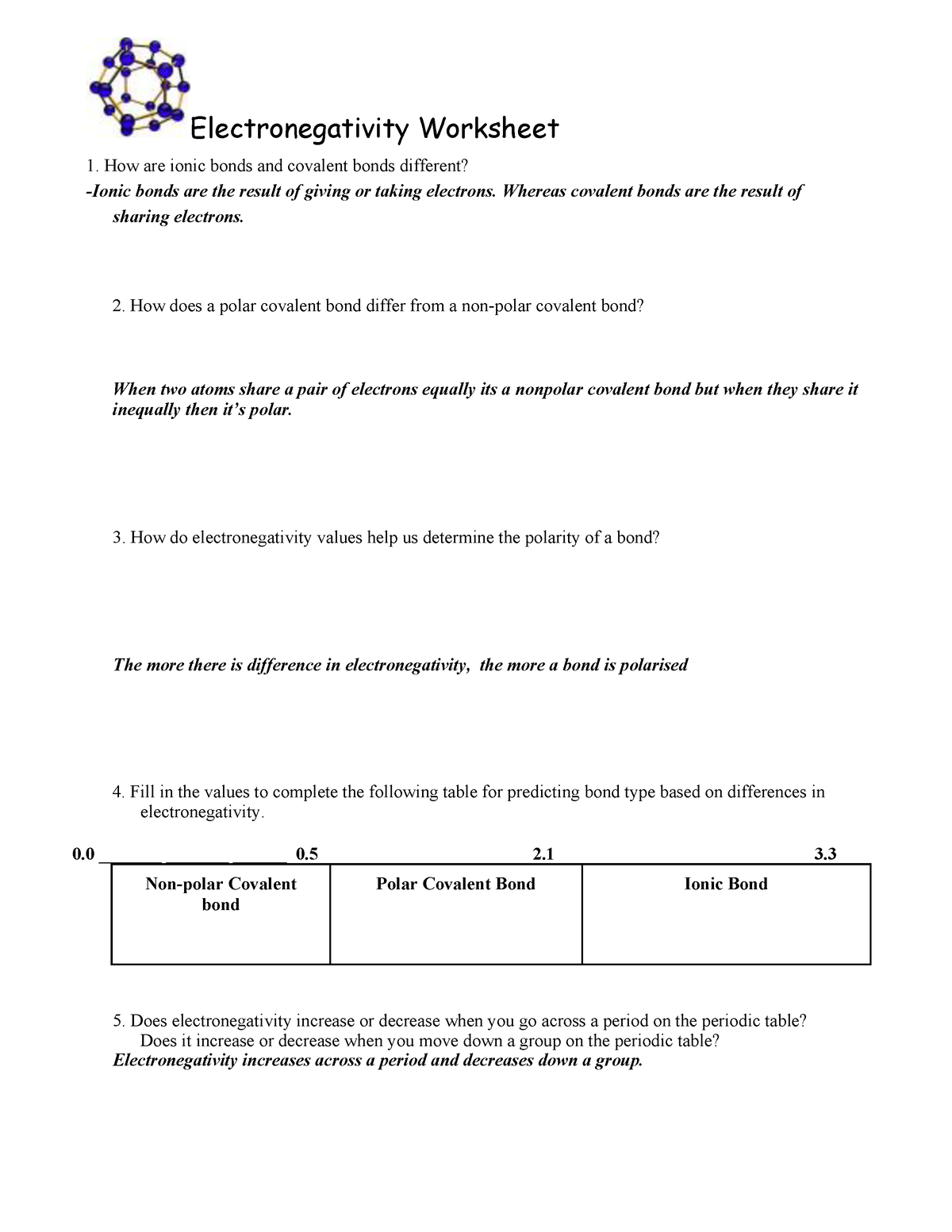 Electronegativity Sheet Answers Key Electronegativity Worksheet How Are Ionic Bonds And 