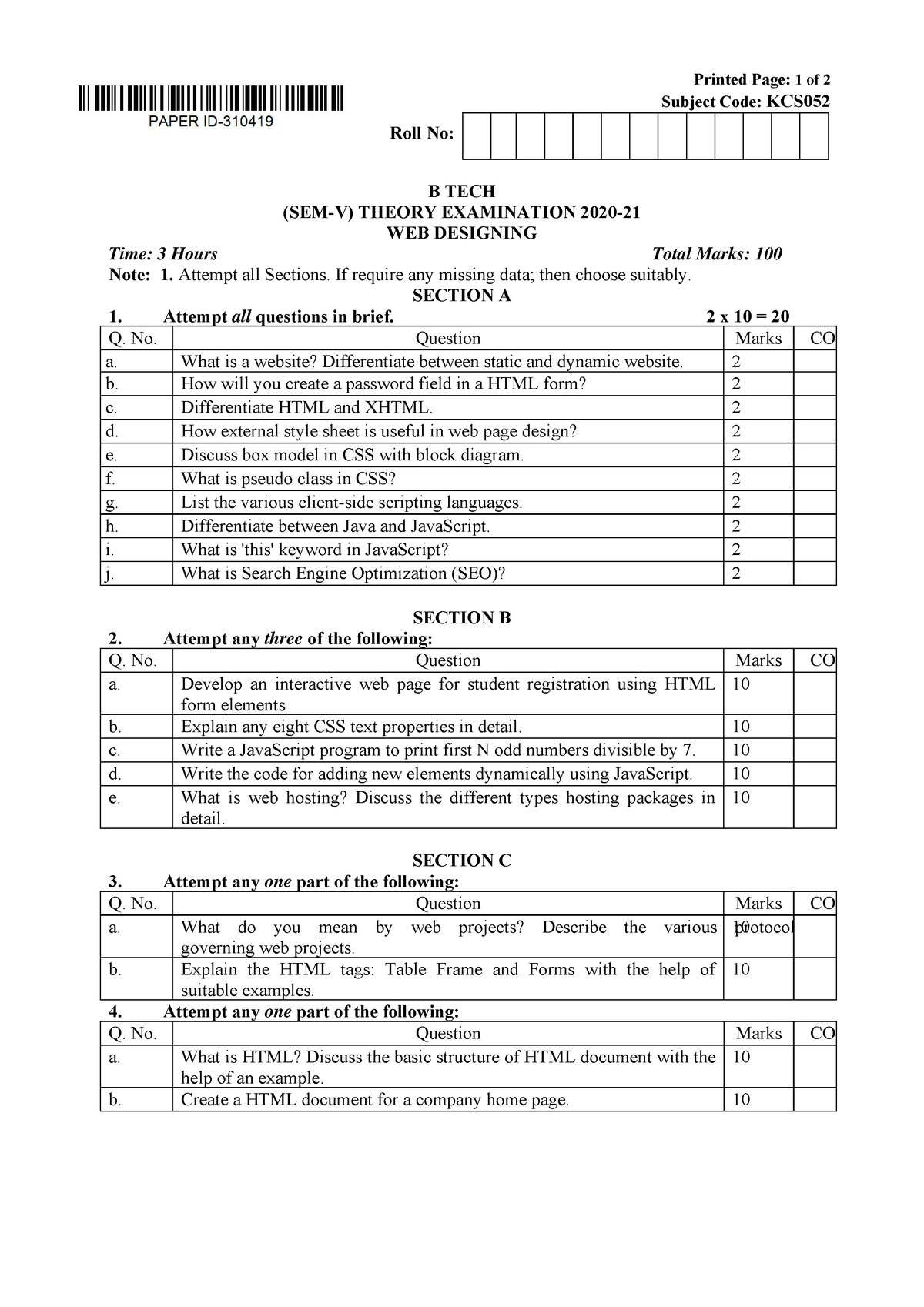 Btech cs 5 sem web designing kcs052 2021 - Printed Page: 1 of 2 Subject ...