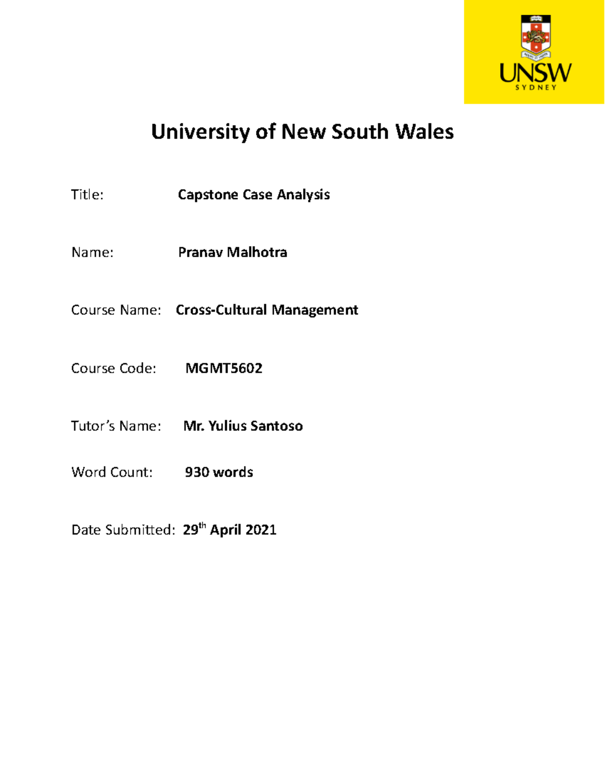 Capstone Case Analysis - University of New South Wales Title: Capstone ...