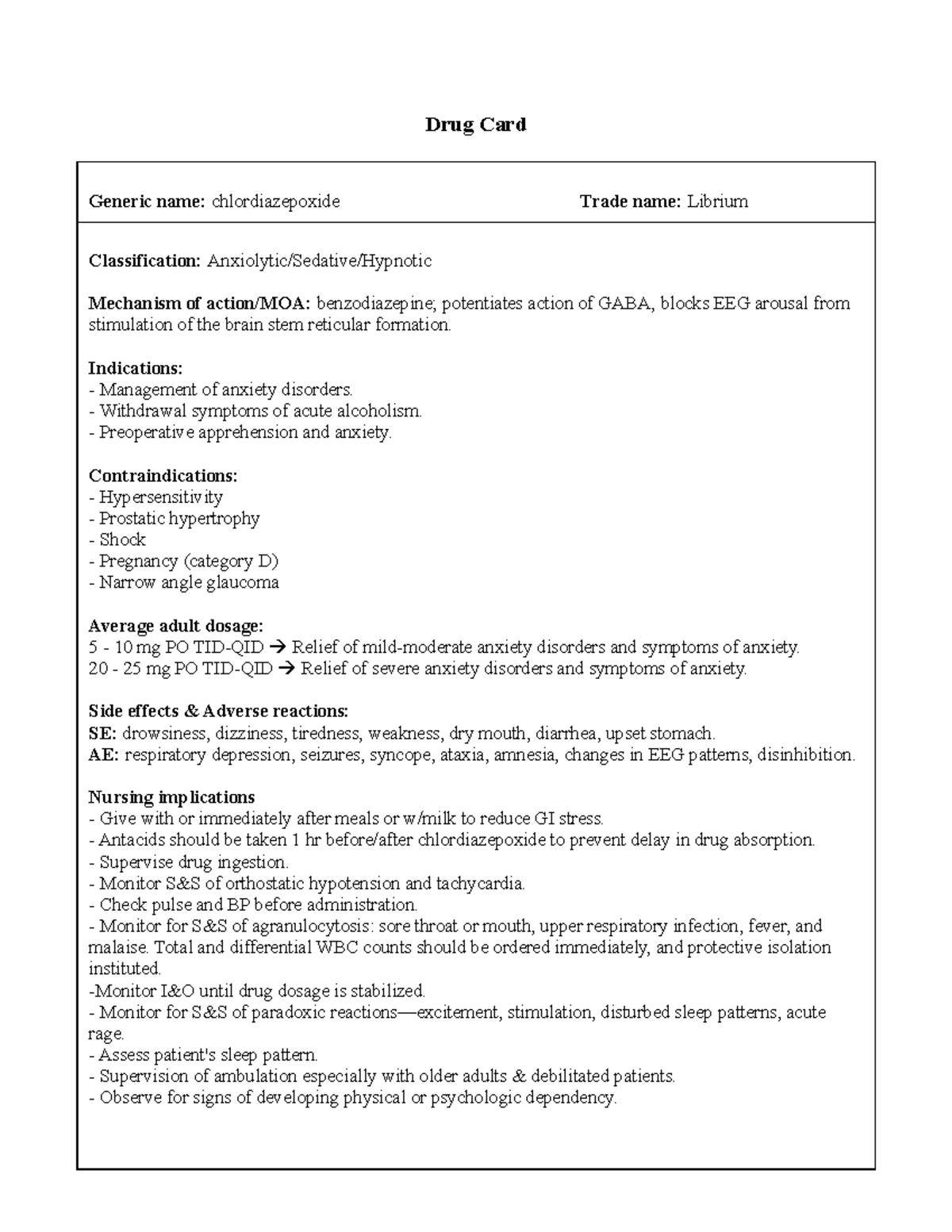 Drug Cards - Drug Card Generic name: chlordiazepoxide Trade name ...