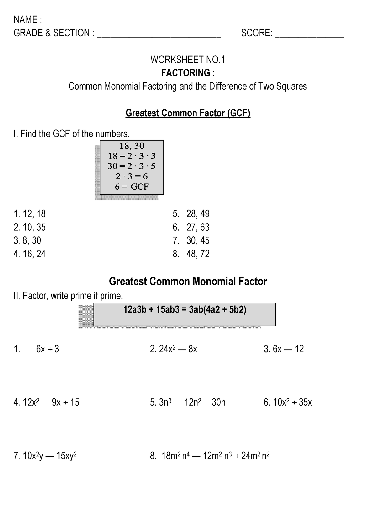 Factoring-Worksheets - 12a3b + 15ab3 = 3ab(4a2 + 5b2) NAME