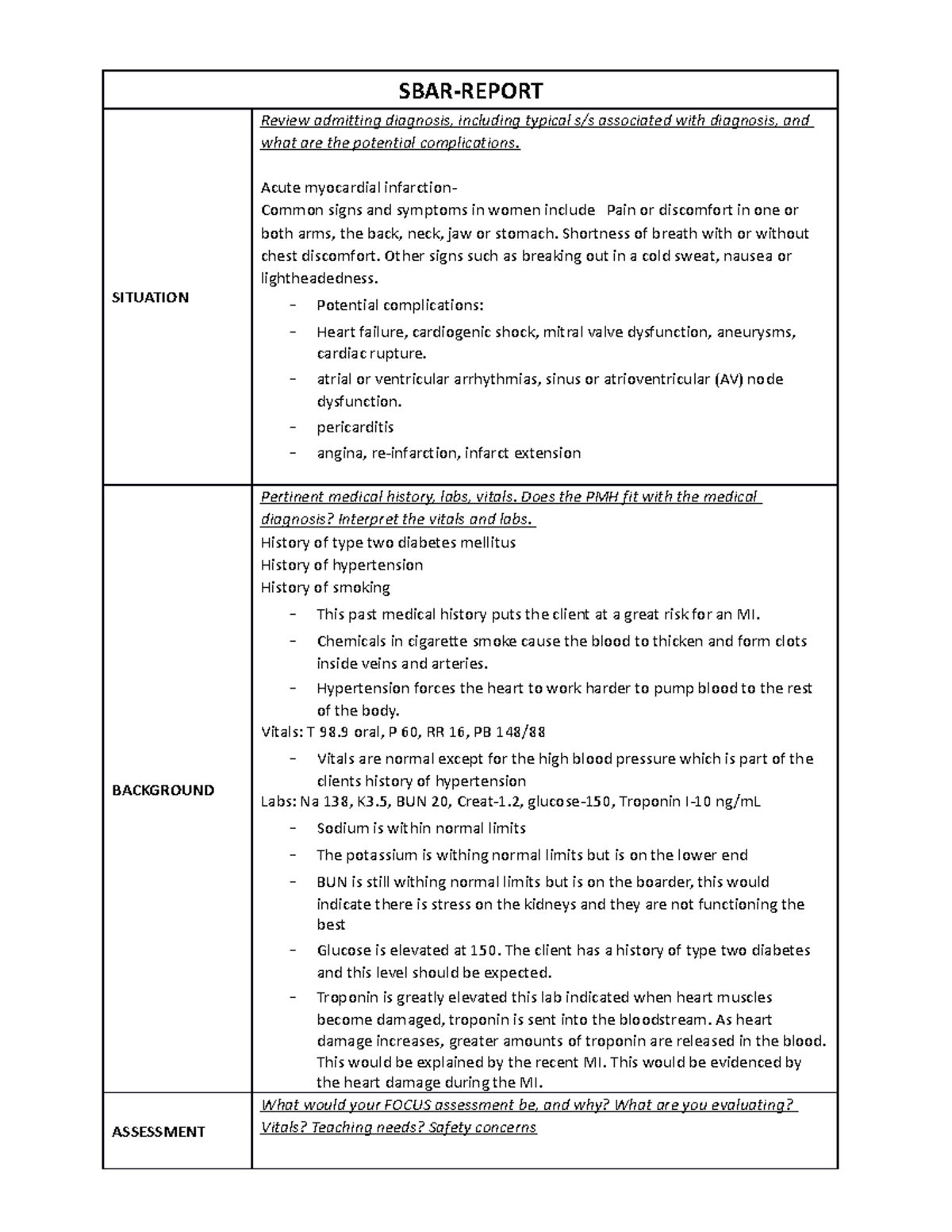 SBAR for case studies 2022 SBARREPORT SITUATION Review admitting diagnosis, including typical