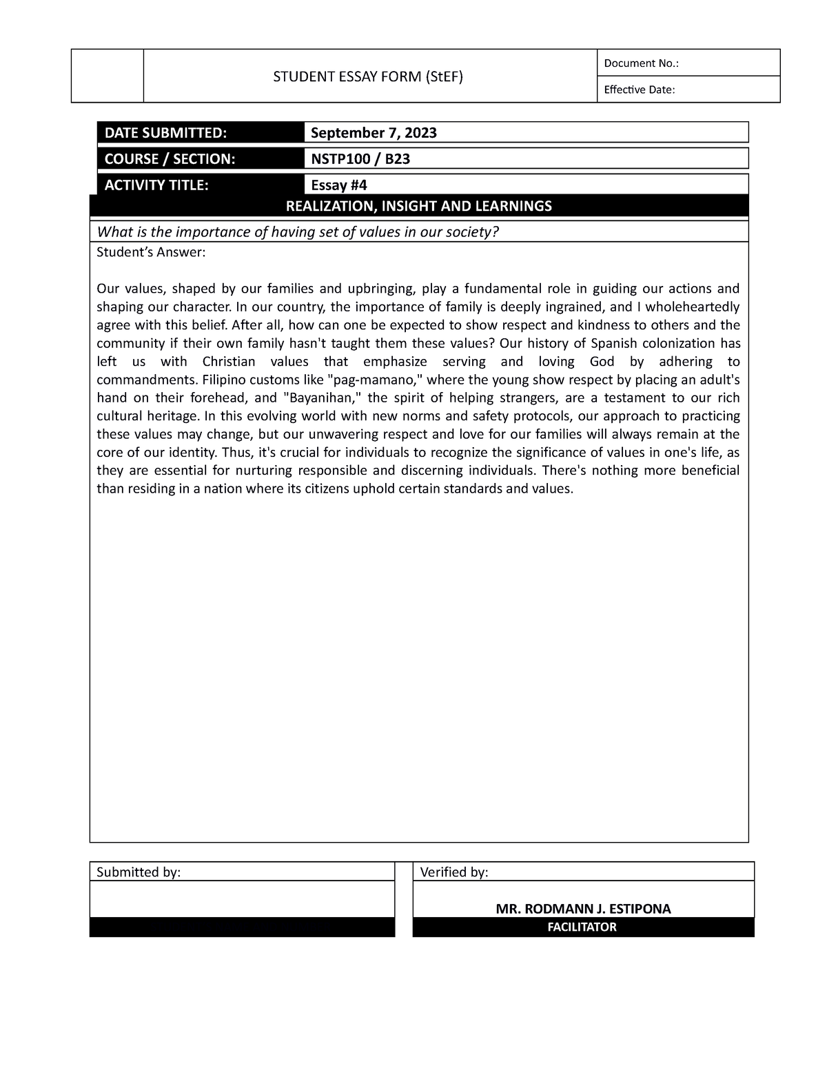 NSTP1 00 Essay #4 - STUDENT ESSAY FORM (StEF) Document No.: Effective ...