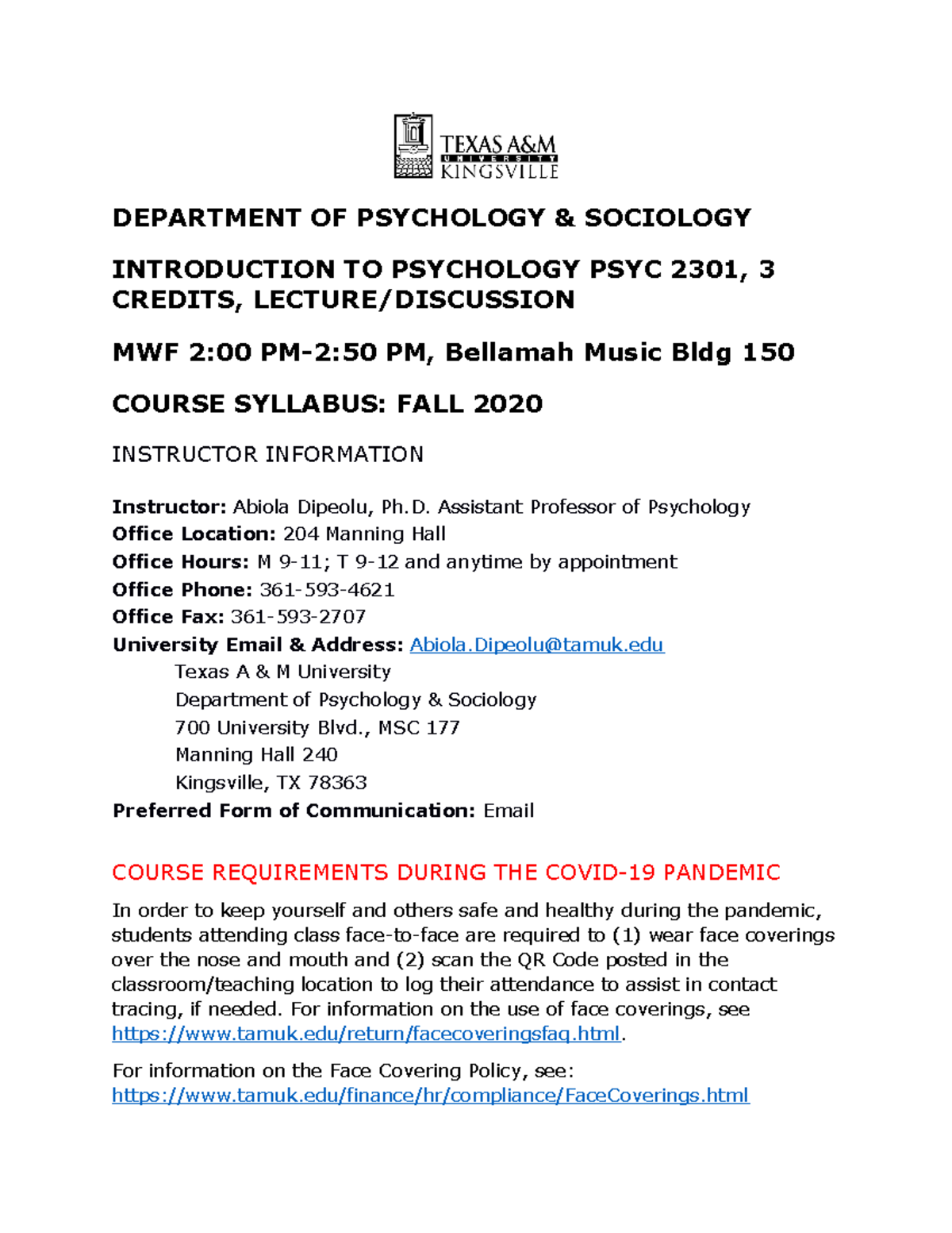 Psych 2301-Fall 2020 Syllabus(5) (1)(3) - DEPARTMENT OF PSYCHOLOGY ...