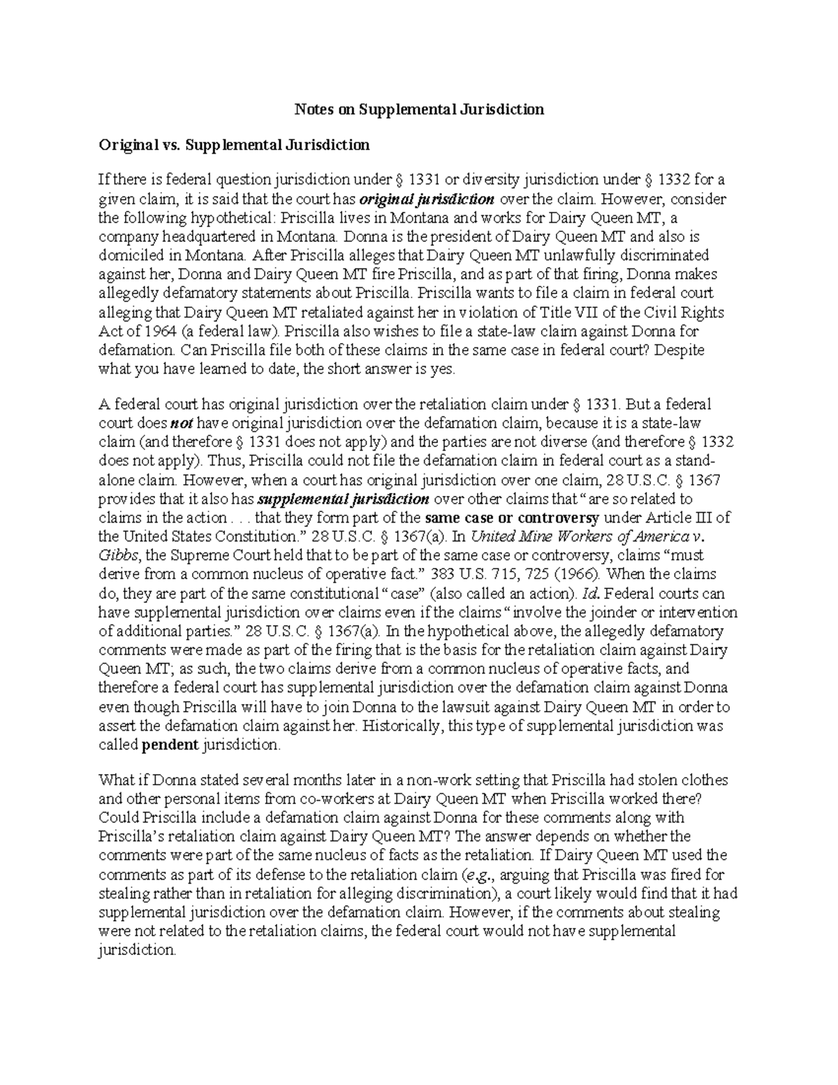Notes on Supplemental Jurisdiction Notes on Supplemental Jurisdiction