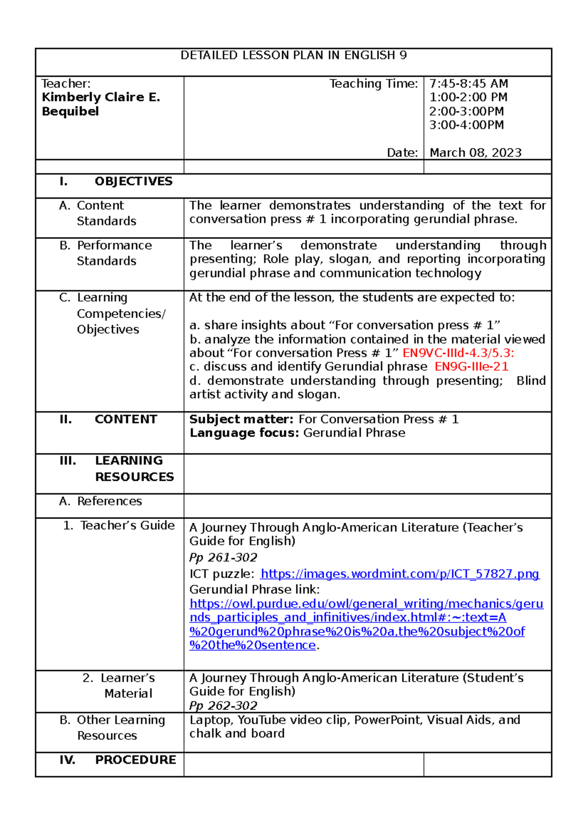 Detailed Lesson PLAN IN English 9 For conversation press 1 - DETAILED ...