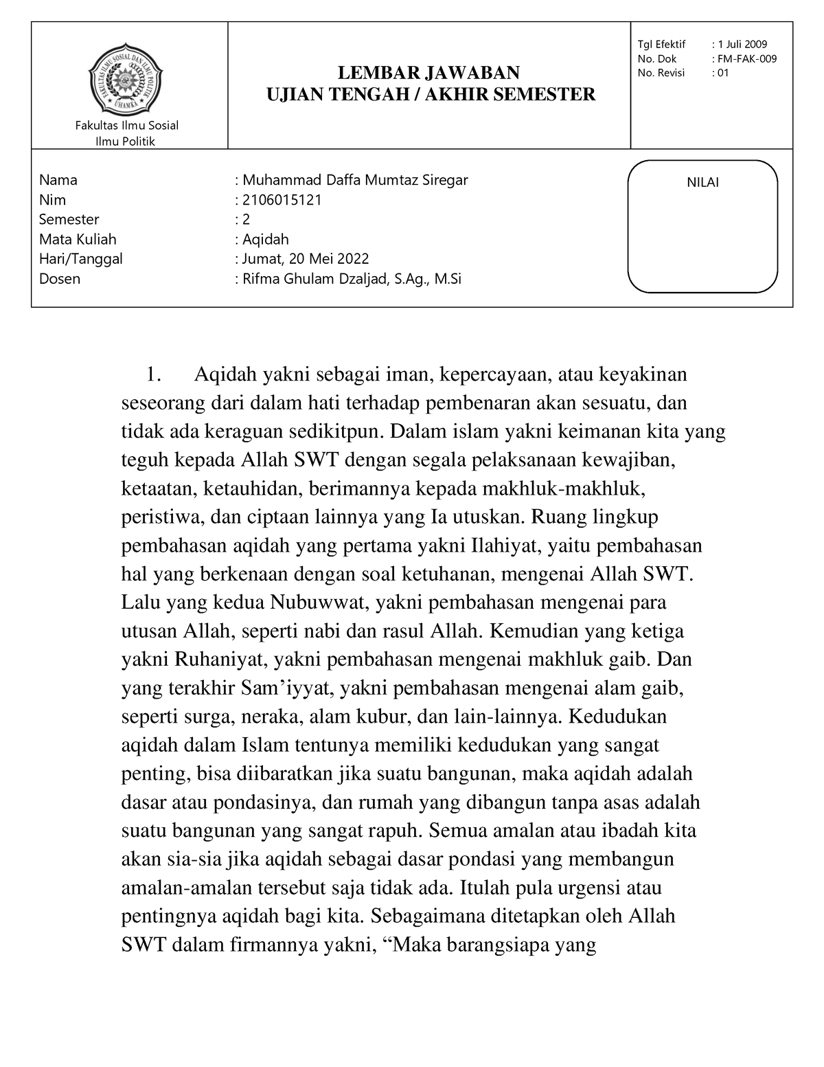 contoh assignment aqidah islam