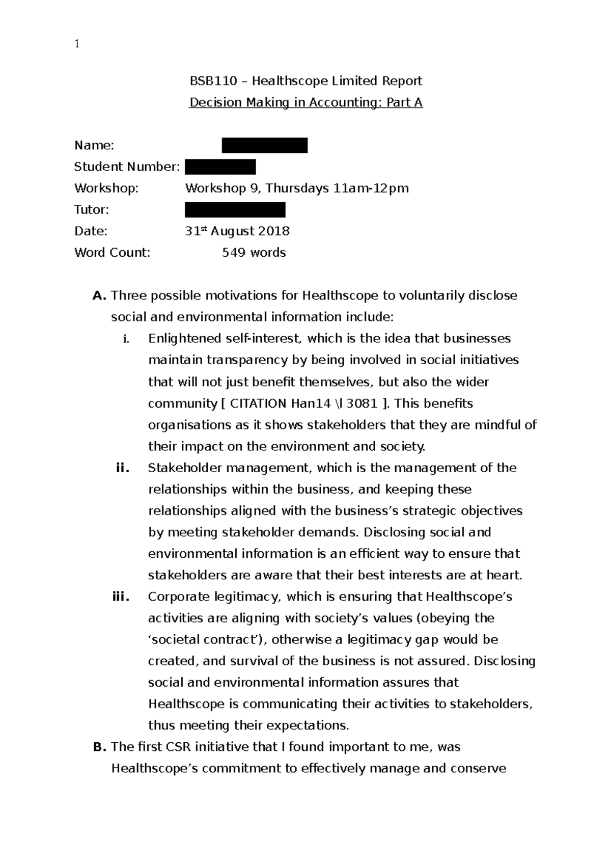 10 BSB110 A1PA report Got a 7 xo 1 BSB110 Healthscope Limited