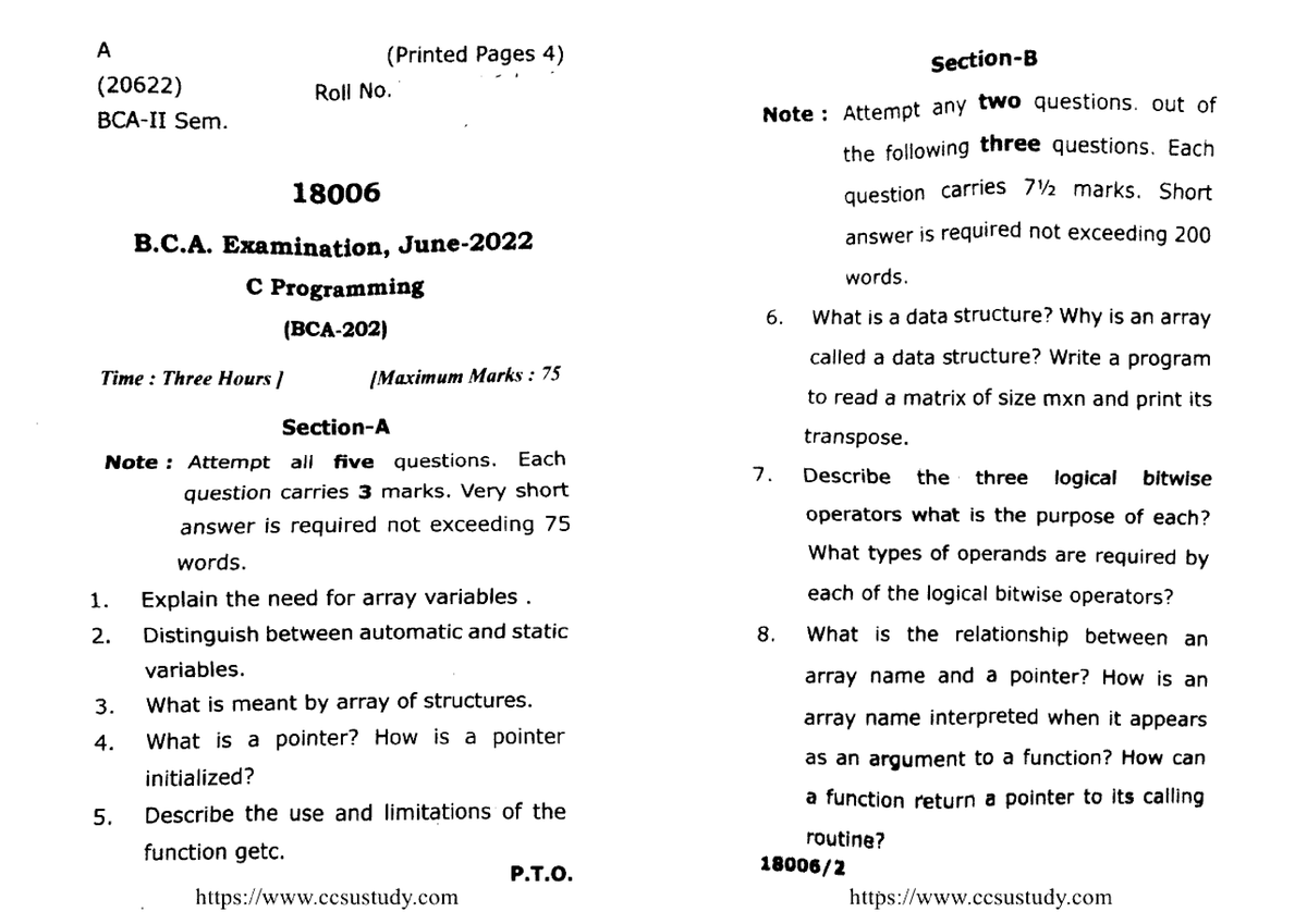 Bca 2 Sem C Programming 18006 Jun 202 2 - C Programming - Studocu