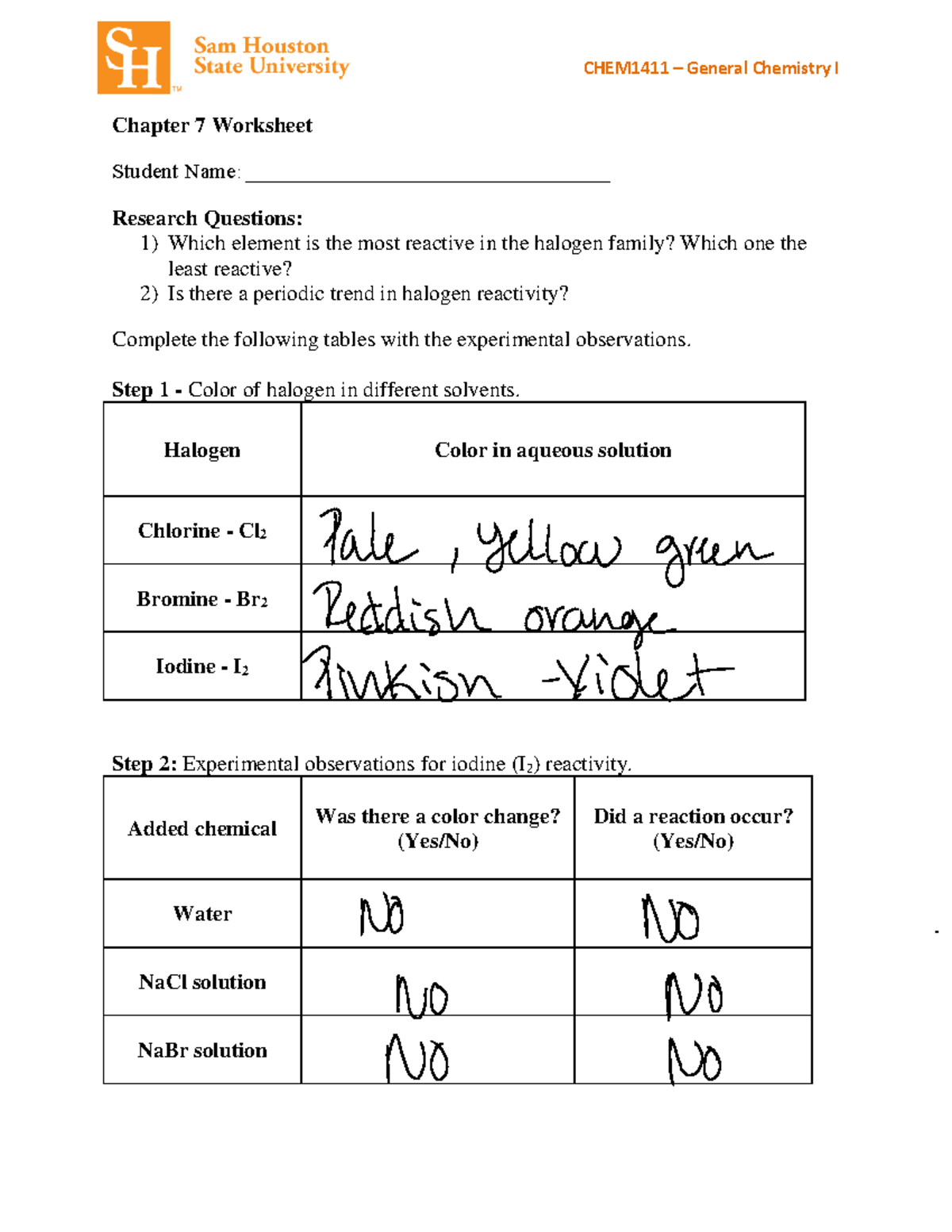 Worksheet Chapter 7 - CHEM1411 – General Chemistry I Chapter 7 ...