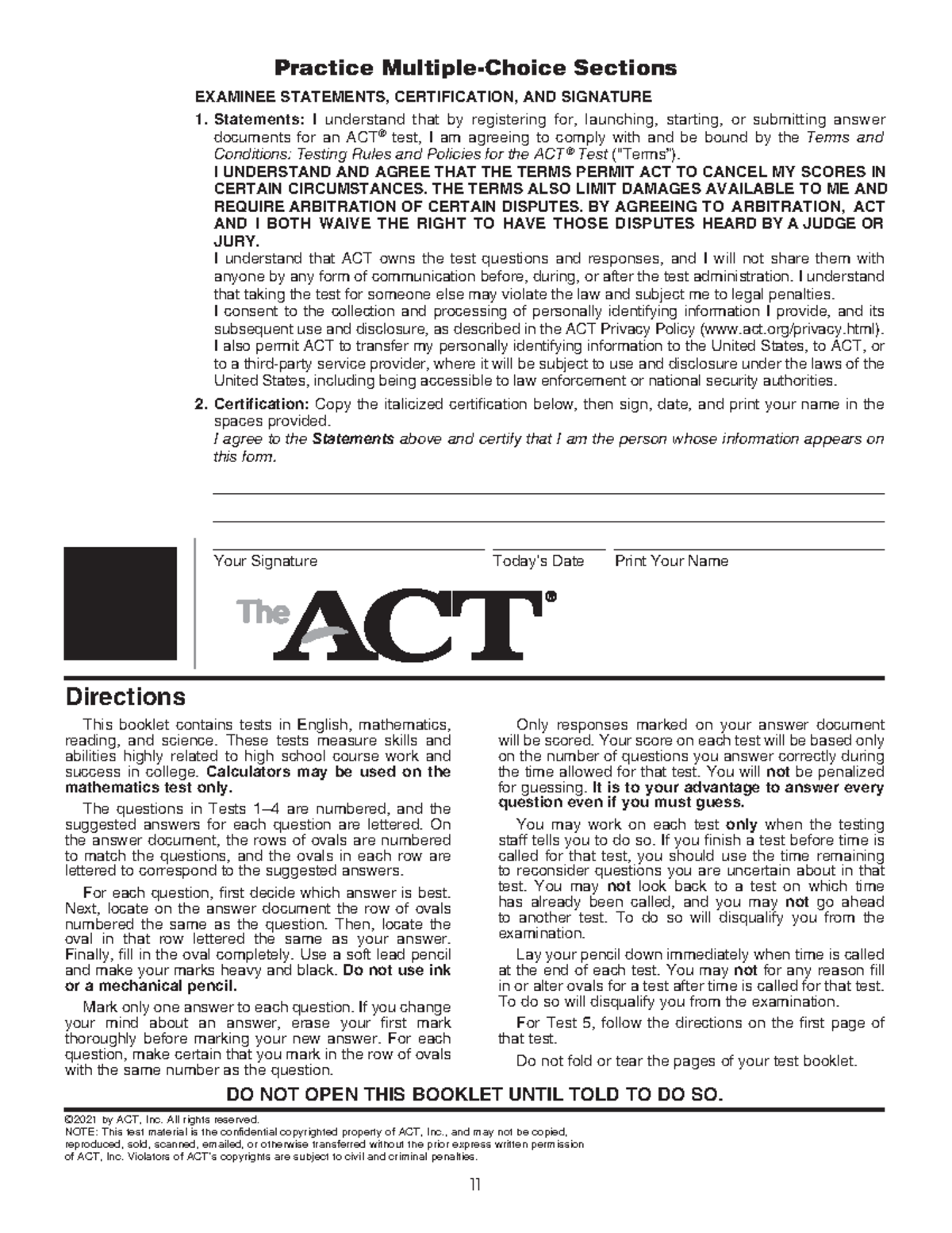 Act booklet with writing no answer sheet this booklet contains