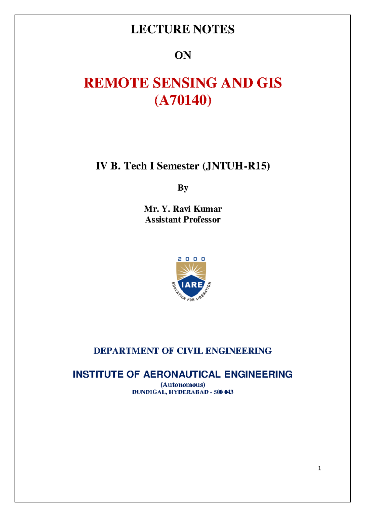 IARE CE RS And GIS Lecture Notes - LECTURE NOTES ON REMOTE SENSING AND ...