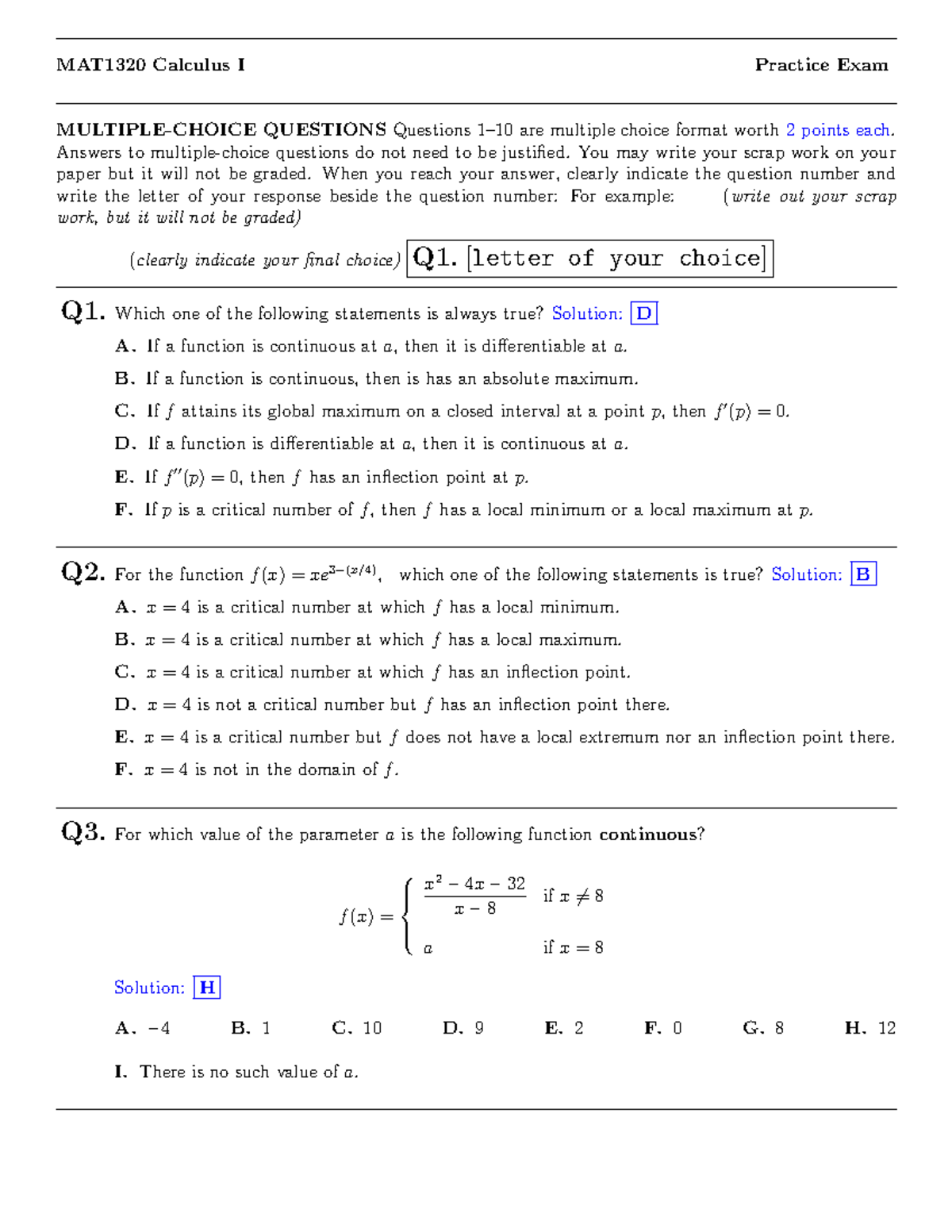 Mat1320-practicefinal Exam-Solutions - MAT1320 Calculus I Practice Exam ...