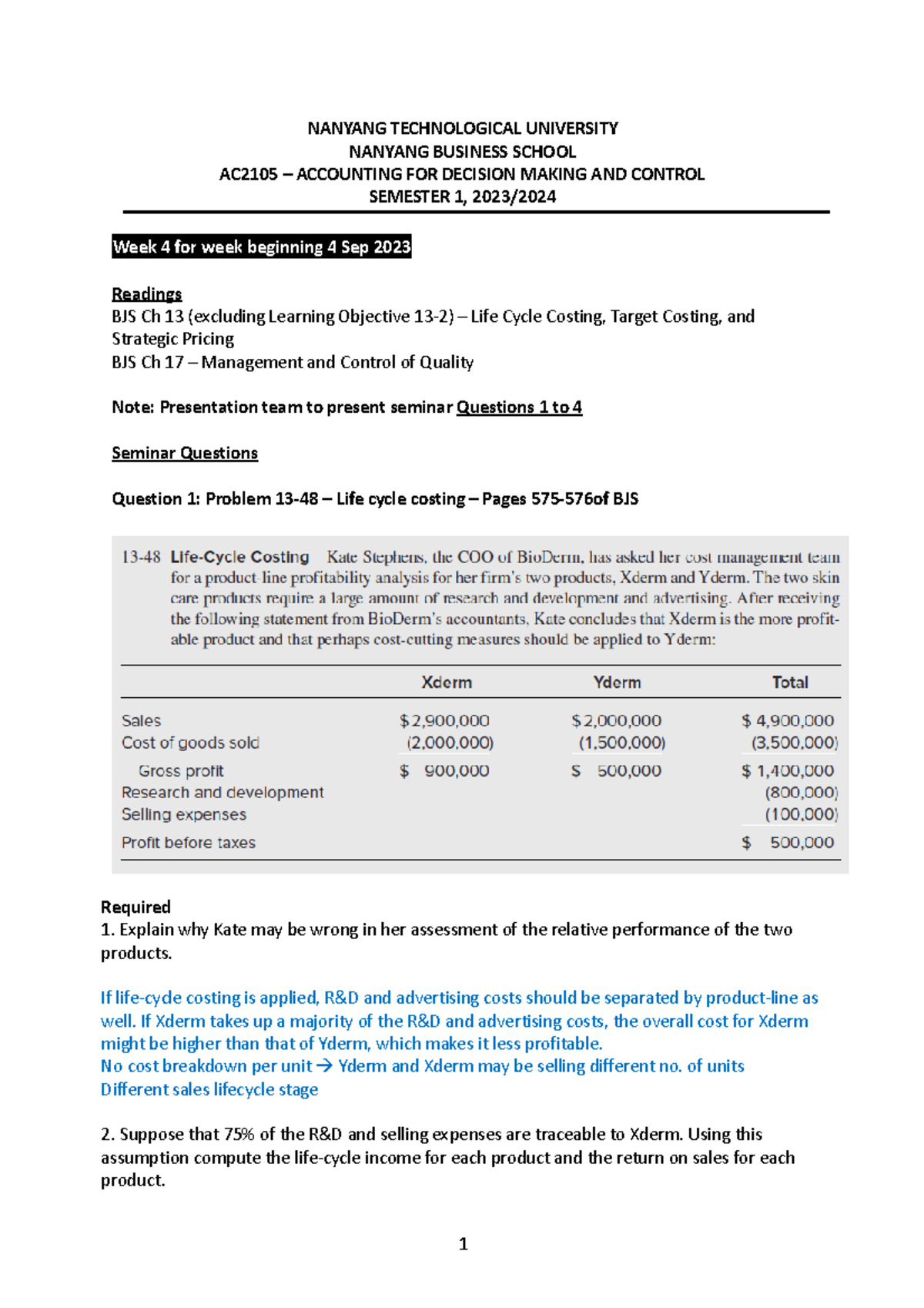 AC2105 S1 2023-24 Week 4 Seminar Questions - NANYANG TECHNOLOGICAL ...