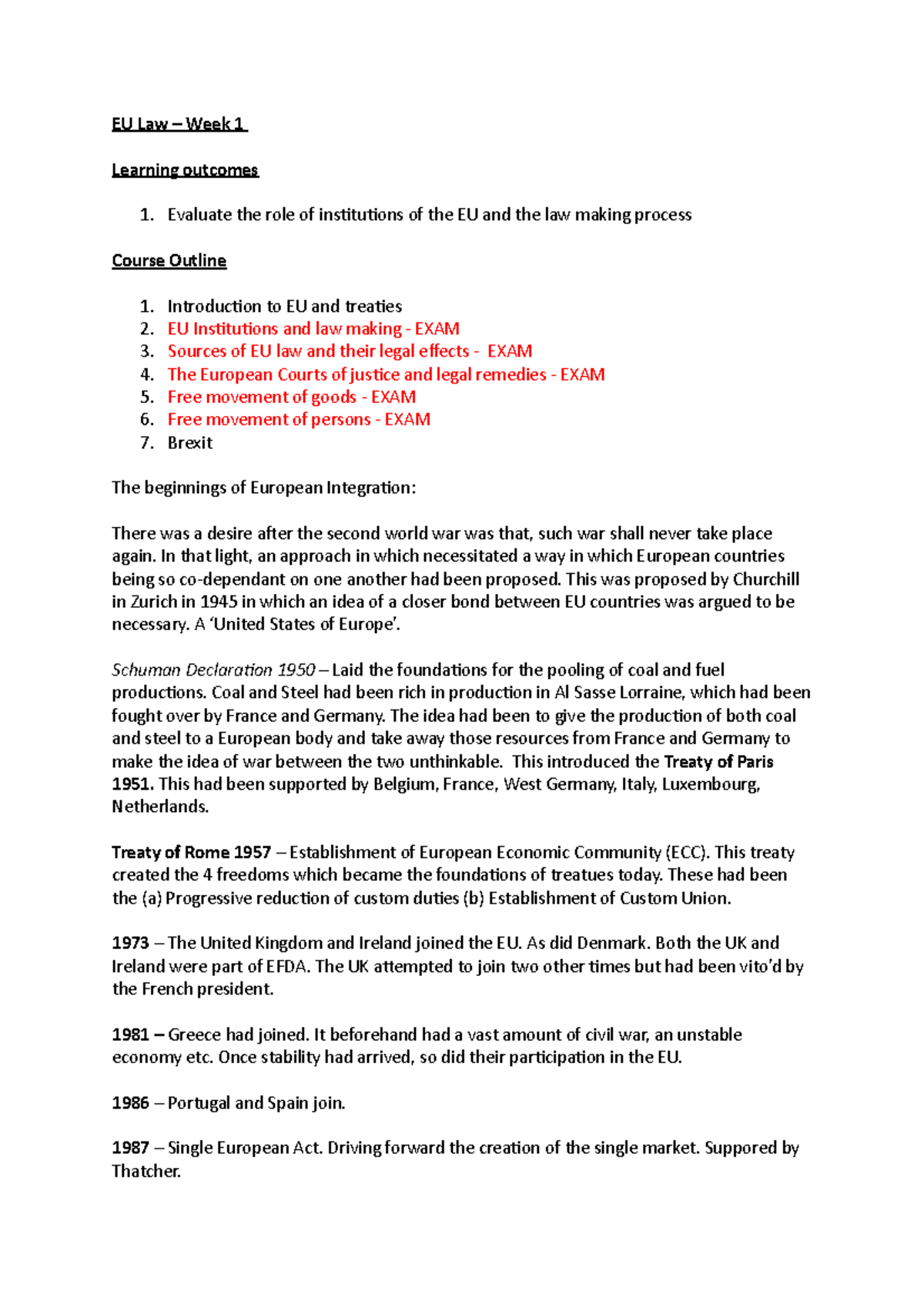 EU Law - Week 1 - EU Law – Week 1 Learning outcomes 1. Evaluate the ...