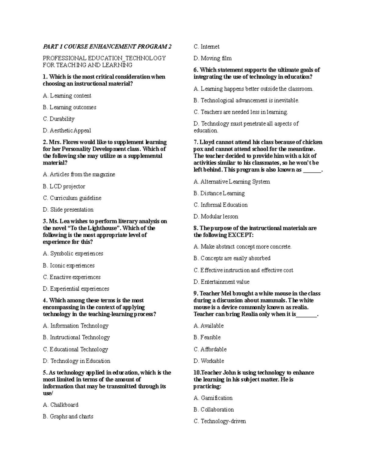 TTL Questionnaires - review questions - PART 1 COURSE ENHANCEMENT ...