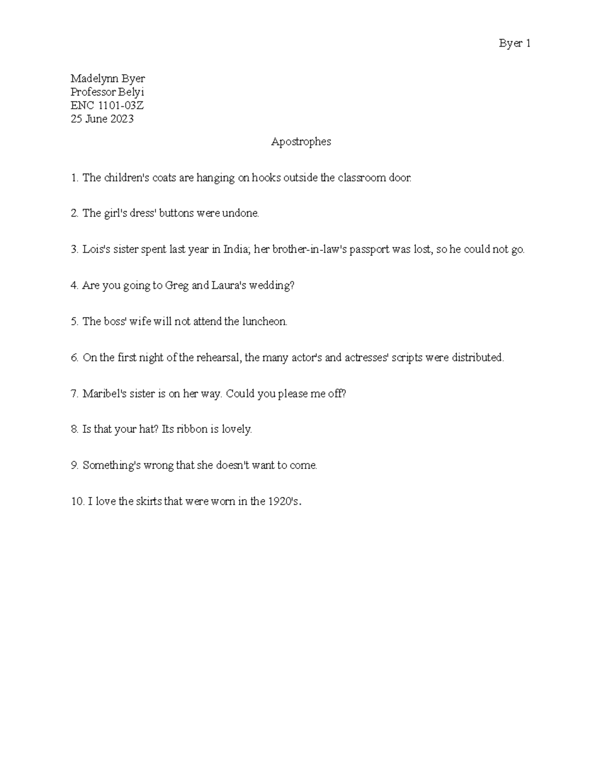 Apostrophes practice work assignment byer 1 madelynn byer professor