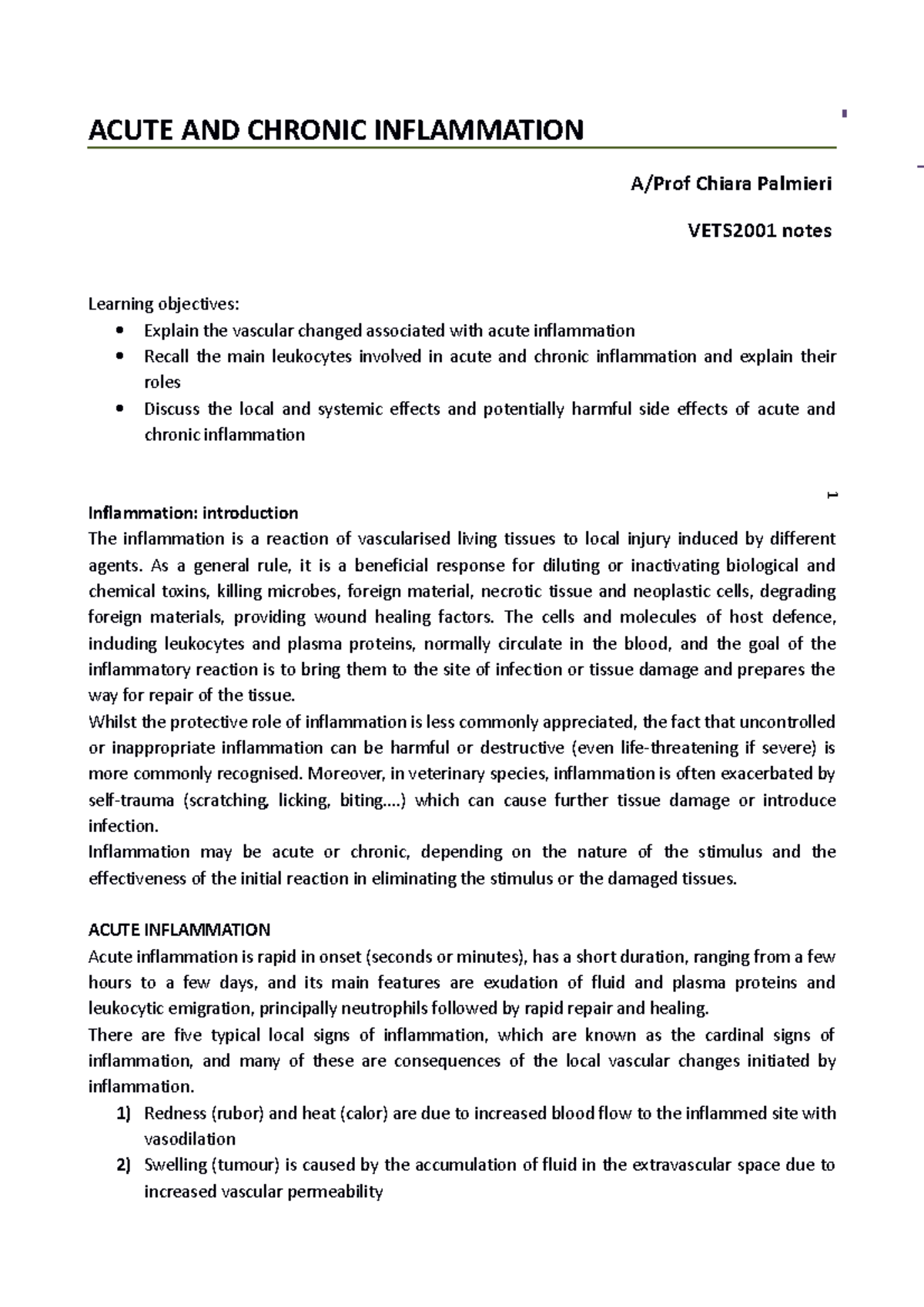 Inflammation lecture notes VETs2001 - 1 ACUTE AND CHRONIC INFLAMMATION ...