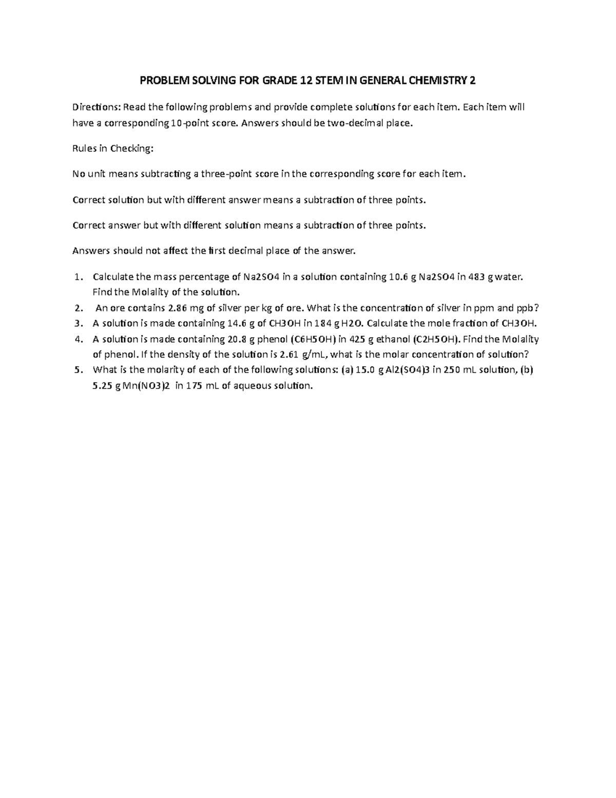 Problem Solving FOR Grade 12 STEM IN General Chemistry 2 - PROBLEM ...
