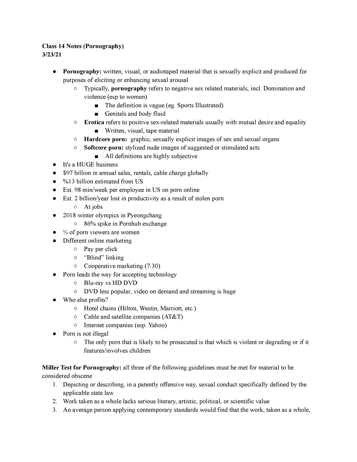 Class 14 Notes (Pornography) - Class 14 Notes (Pornography) 3/23 ...